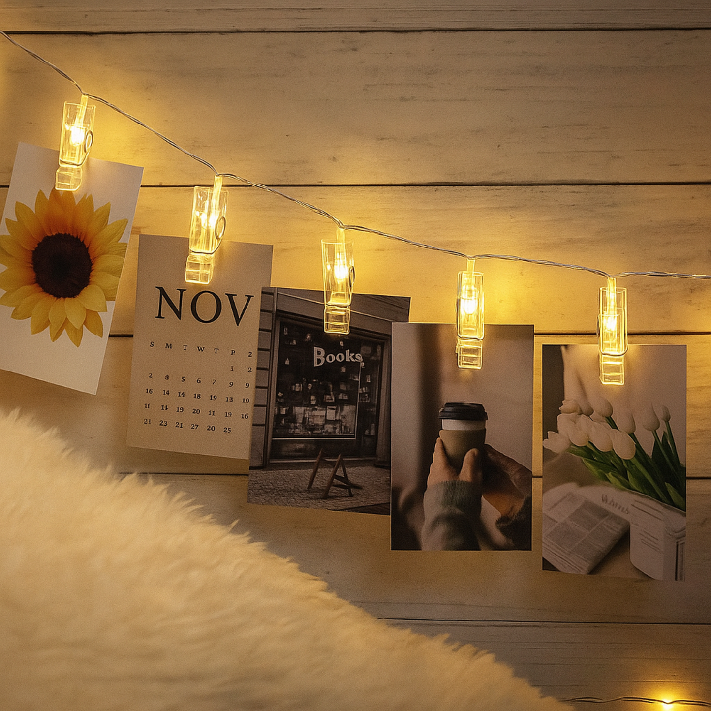 Elegani 15 LED Mini Photo Clip Fairy String Lights – 6ft Warm White Silver Copper Wire for Bedroom, Dorm, Wall Photo Display