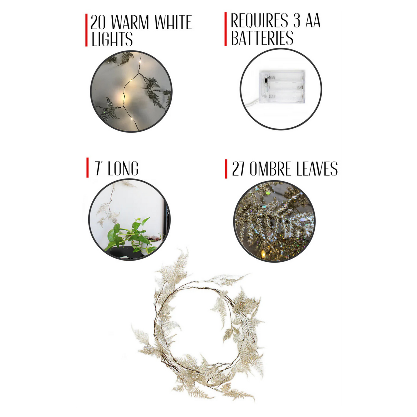 Elegani 20 LED Gold Iridescent Glitter Fern Fairy Lights – 7' Twinkle Garland with Warm White LEDs