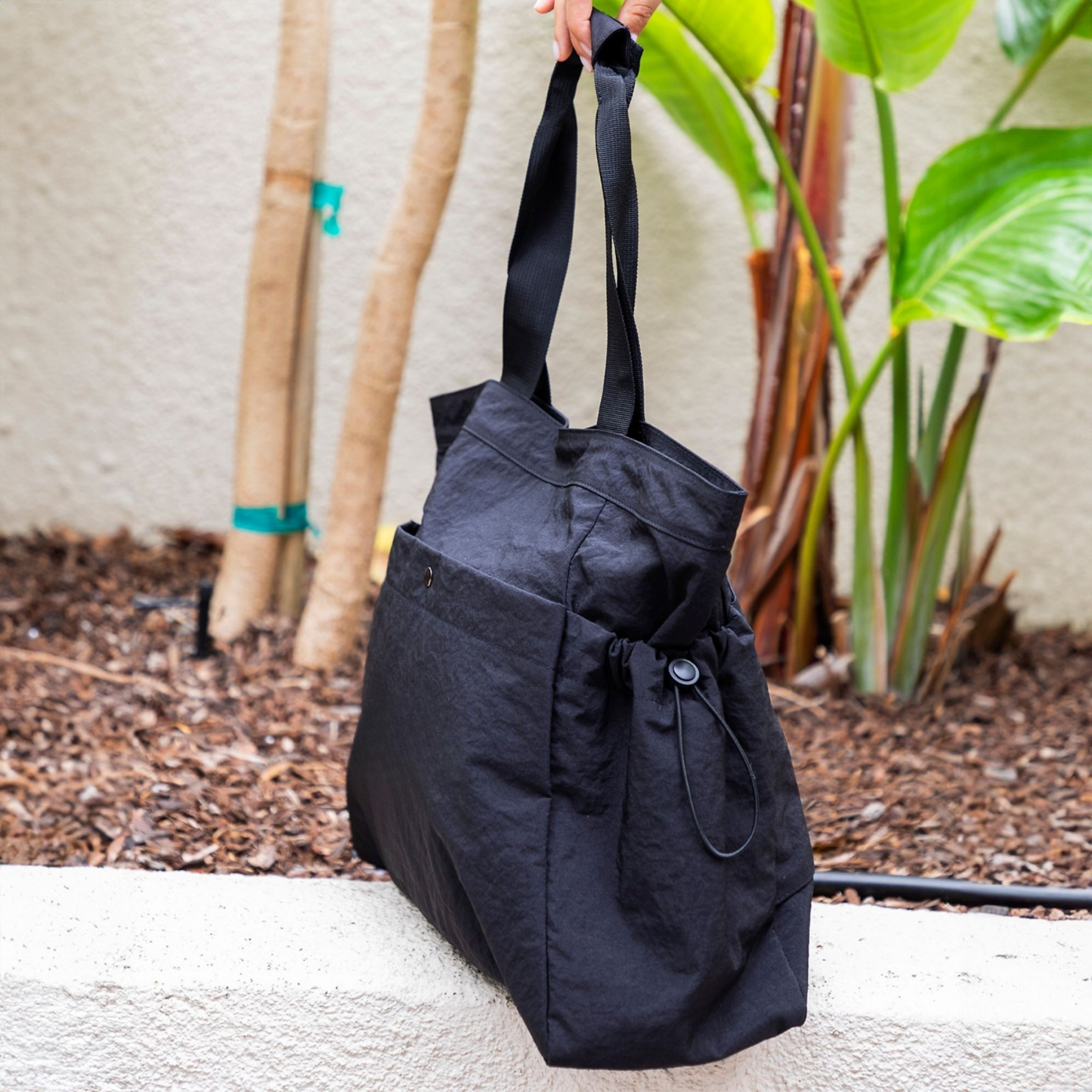 Elegani Essential Side-Cinch Tote Bag – 16" x 15" Eco-Friendly Recycled Nylon, Water-Repellent, Lightweight Design-Black
