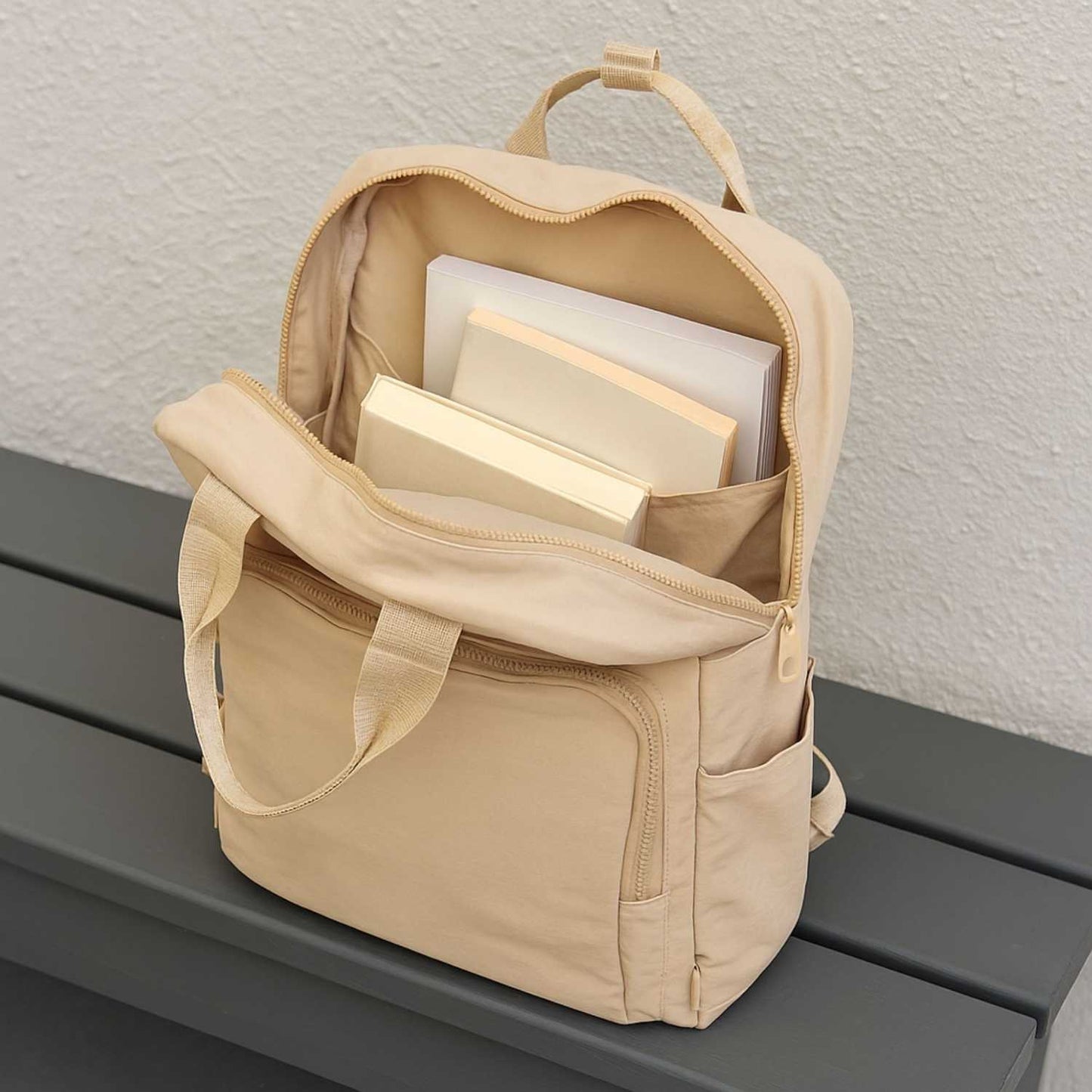 Elegani Essential Tote Backpack – 11.41" x 15.35" x 5.11" Eco-Friendly Recycled Waterproof Nylon, 14.7L Capacity, Fits 15" Laptop, Multiple Compartments-Beige