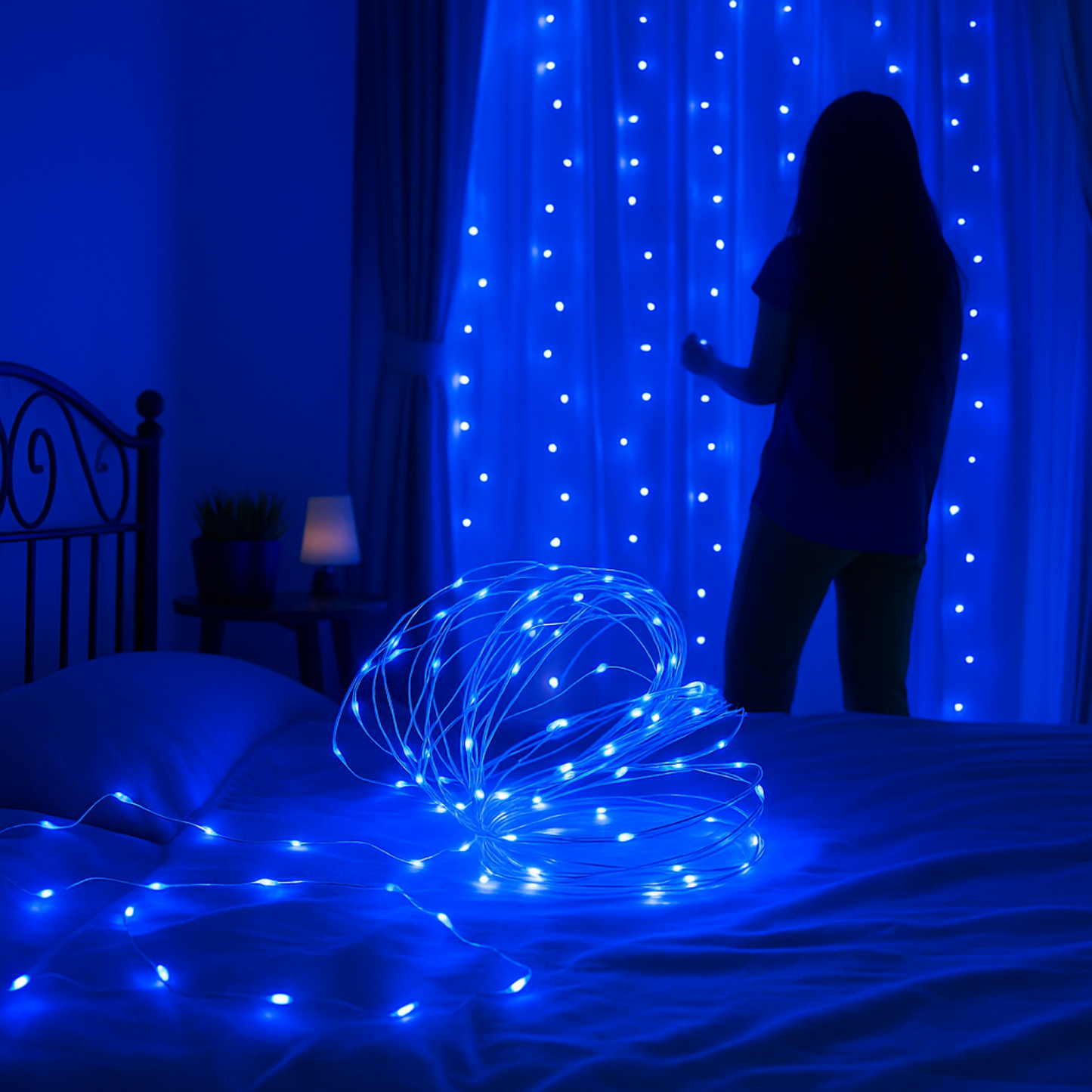 Elegani 100 LED Silver Copper Fairy String Lights – 33ft Plug-In with 4" Spacing, Flexible Wire, Indoor/Outdoor Decorative Lighting for Bedroom, Party, Wedding, and Holiday Décor-Blue