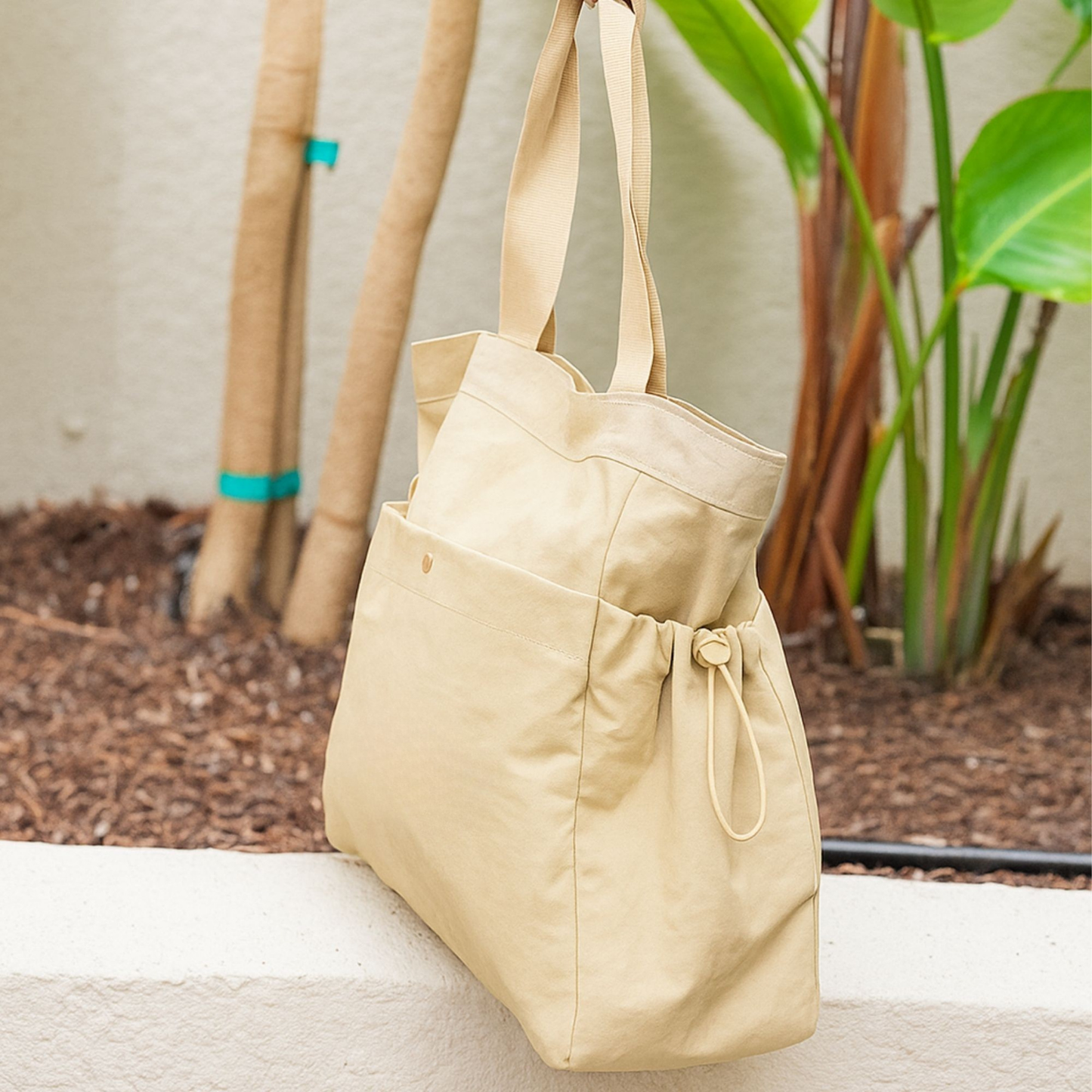 Elegani Essential Side-Cinch Tote Bag – 16" x 15" Eco-Friendly Recycled Nylon, Water-Repellent, Lightweight Design-Beige