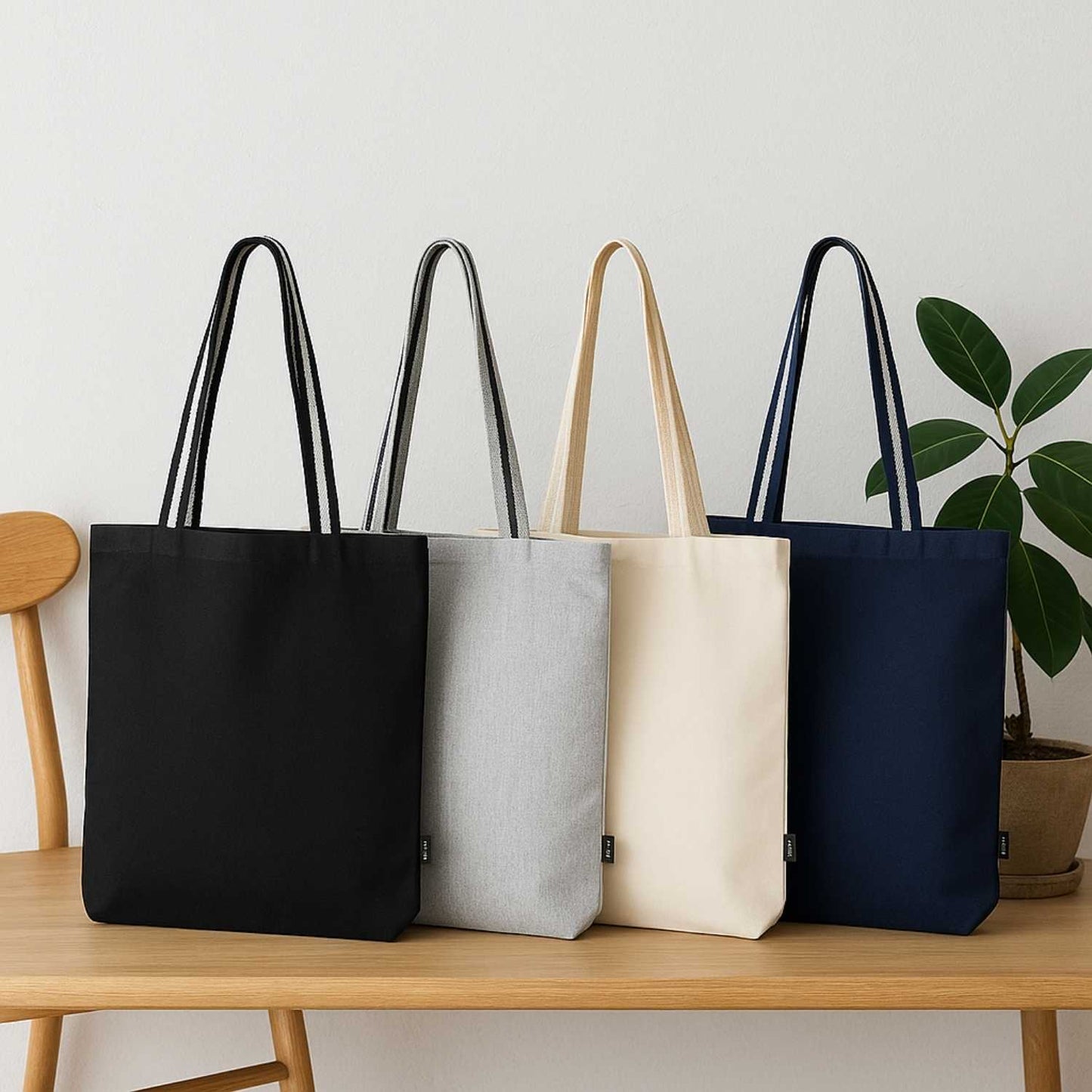 Elegani Deluxe Canvas Tote Bag with Striped Handles – 15" x 16" Eco-Friendly Recycled Cotton & Polyester-Black