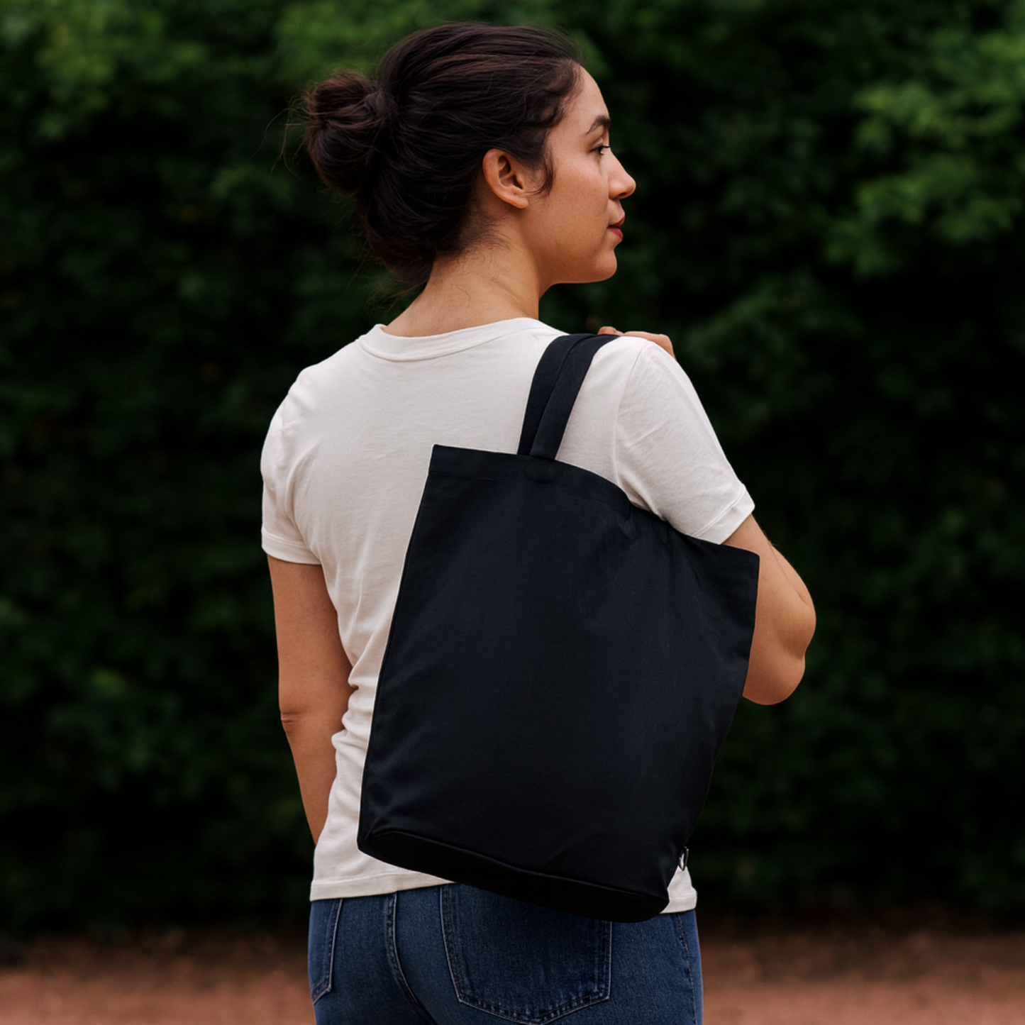 Elegani Mini Pocket Tote Bag – 13.5" x 14.5" 100% Cotton Canvas with Front Pocket, 22" Handles-Black
