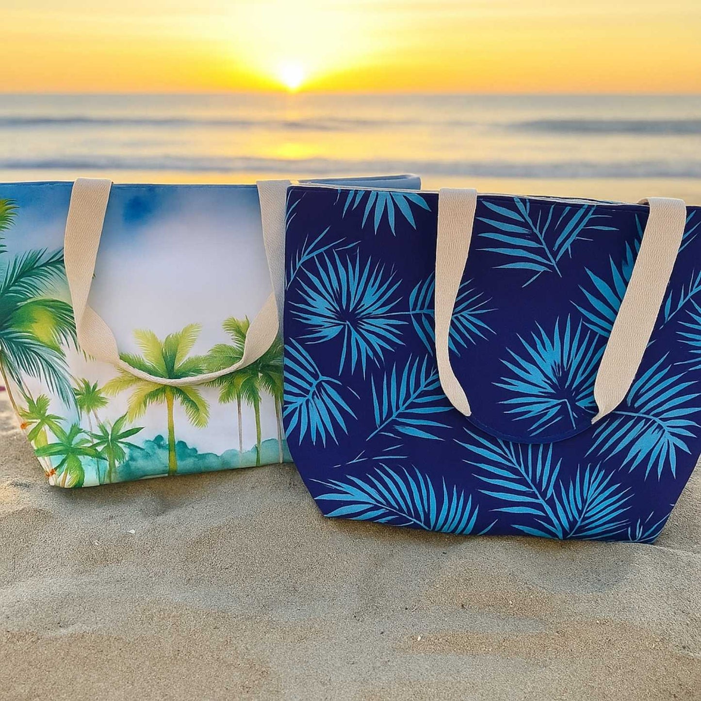 Elegani Coastal Tote Bag – 22" x 15" x 6" Polyester Canvas Beach Bag-Palm Tree