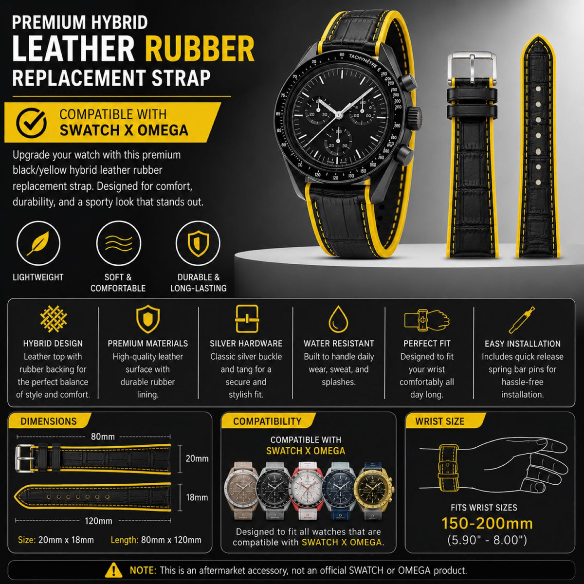 Leather & Rubber Hybrid Watch Replacement Band Compatible with Omega x Swatch MoonSwatch 20mm, Black/Yellow