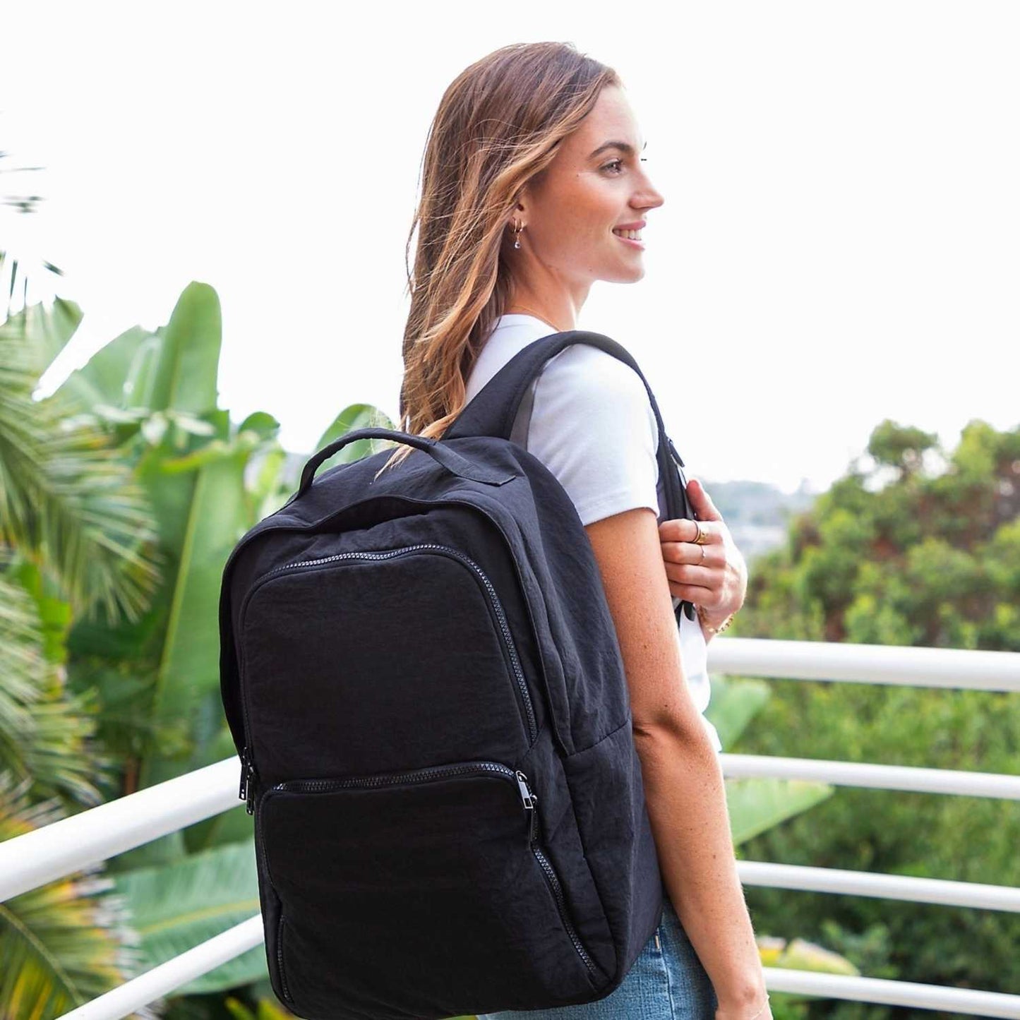 Elegani Essential Backpack – 12" x 18" x 6" Eco-Friendly Recycled Nylon, 20L Capacity, Water-Repellent, Lightweight Design-Black