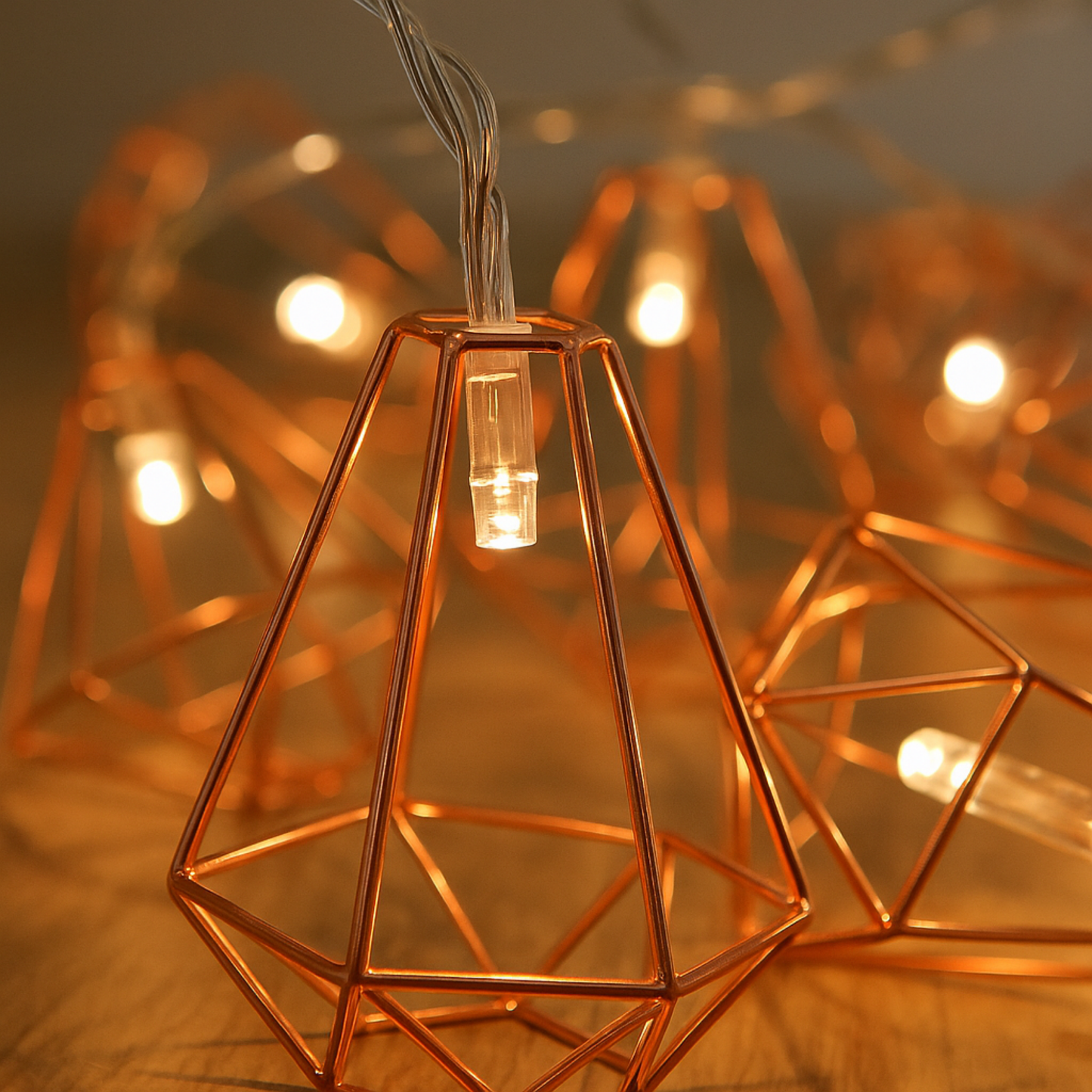 Elegani Rose Gold Diamond String Lights – 10 Warm White LED Lights on Copper Wire, 4.5ft Lighted Length – Decorative Lighting for Bedroom, Dorm, Shelf or Wall