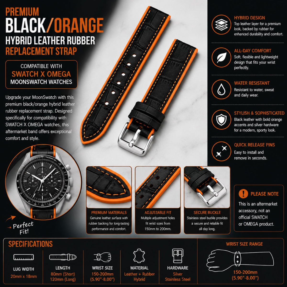 Leather & Rubber Hybrid Watch Replacement Band Compatible with Omega x Swatch MoonSwatch 20mm, Black/Orange