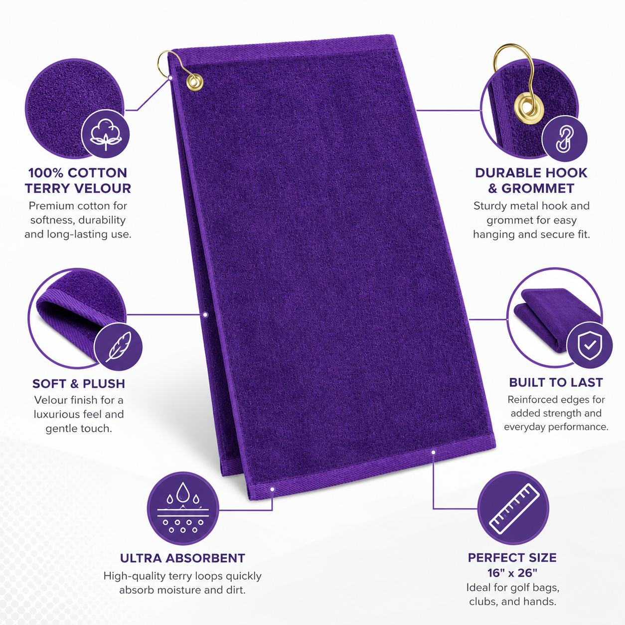Premium 100% Cotton Terry Velour Golf Towel with Corner Hook & Grommet Placement 16 inch x 26 inch -Purple