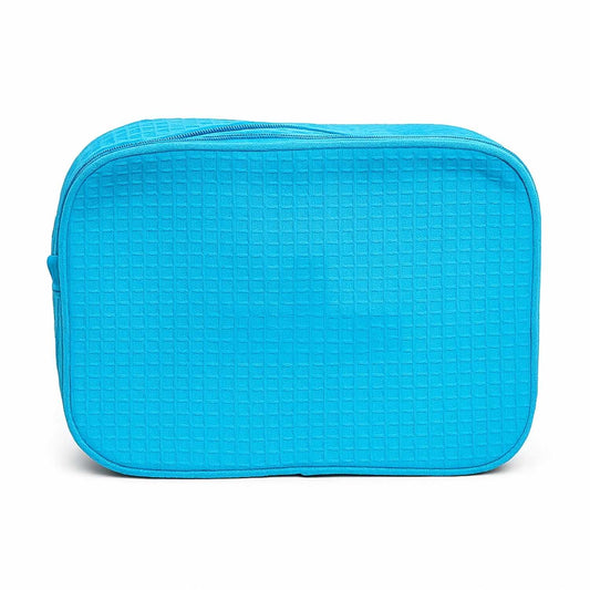 Elegani Waffle Weave Large Cosmetic Bag – 9.75" x 4" x 7" Travel Makeup Organizer with Dual Zippered Compartments, 3 Interior Pockets, Water-Repellent Lining-Aqua Blue