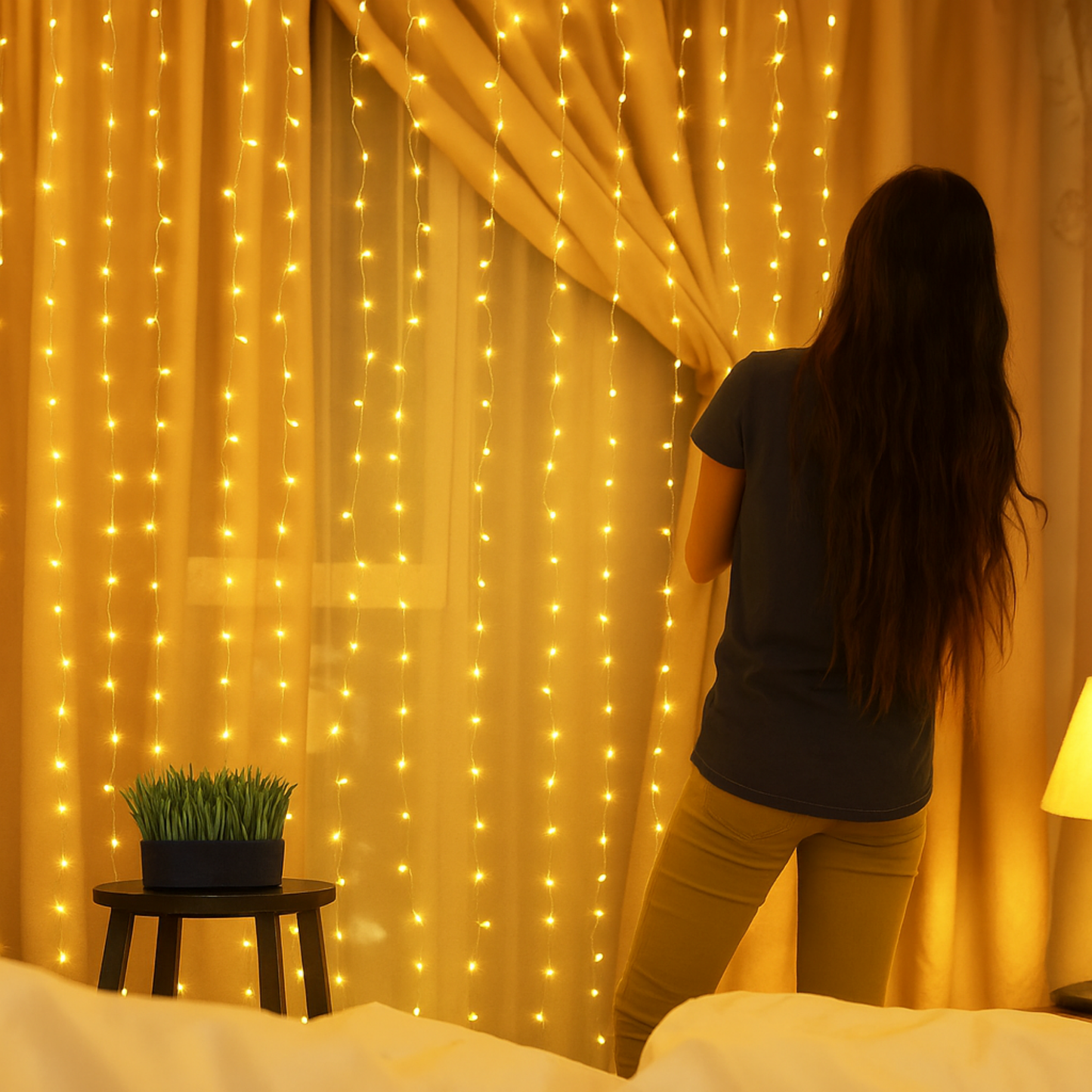 Elegani 200 LED Warm White Curtain String Lights – 6.6ft x 6.6ft Plug-In, 8 Lighting Modes, Indoor/Outdoor Use, Ideal for Bedroom, Window, Party, and Holiday Decor