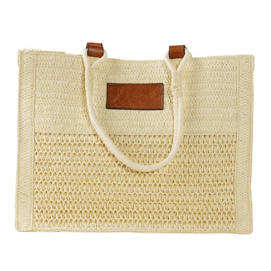 Elegani Woven Straw Beach Tote – 16.5" x 12.5" x 6", Durable Natural Straw-Cream