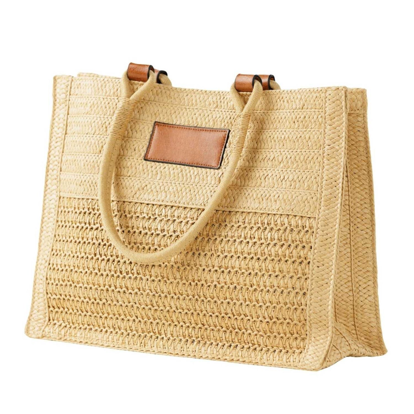 Elegani Woven Straw Beach Tote – 16.5" x 12.5" x 6", Durable Natural Straw-Khaki