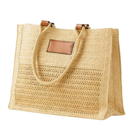 Elegani Woven Straw Beach Tote – 16.5" x 12.5" x 6", Durable Natural Straw-Khaki