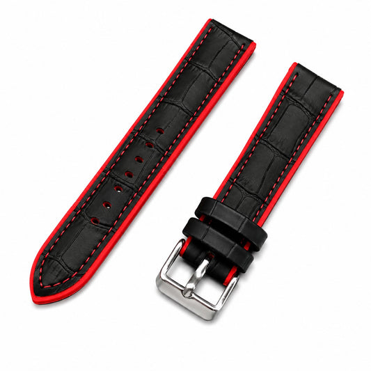 Leather & Rubber Hybrid Watch Replacement Band Compatible with Omega x Swatch MoonSwatch 20mm, Black/Red