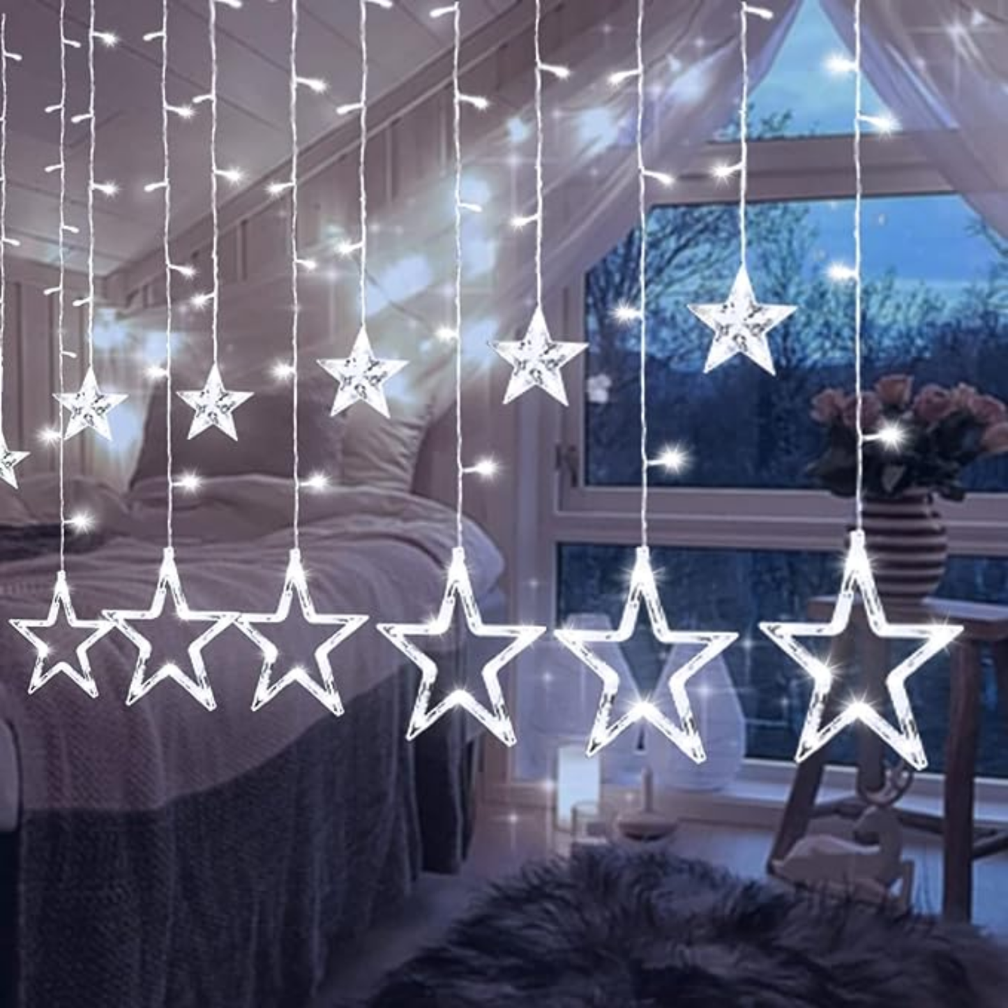 Elegani 138 LED Star Curtain Light – White Hanging String Lights with 12 Stars, 8 Lighting Modes, Plug-in, for Indoor Outdoor Room Party Backdrop