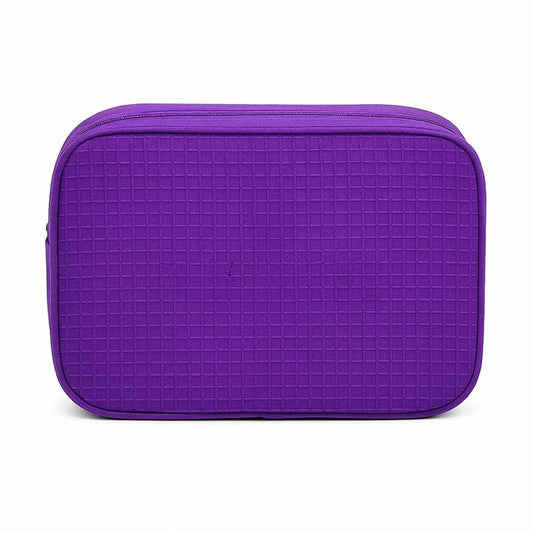 Elegani Waffle Weave Large Cosmetic Bag – 9.75" x 4" x 7" Travel Makeup Organizer with Dual Zippered Compartments, 3 Interior Pockets, Water-Repellent Lining-Purple