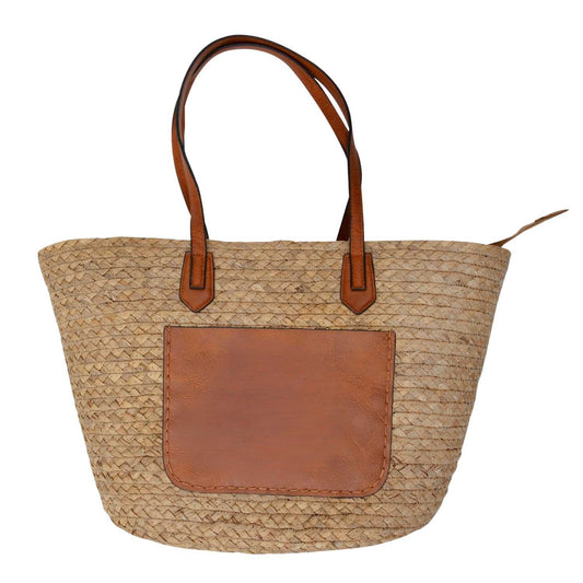 Elegani Sunset Straw Bag – 20" x 11.75" x 6" Hand-Woven Natural Grass Tote with Faux Leather Accents, Zipper Closure