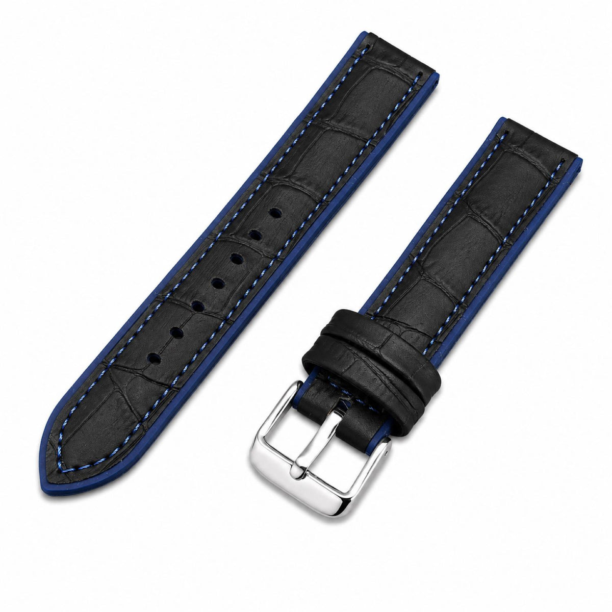 Leather & Rubber Hybrid Watch Replacement Band Compatible with Omega x Swatch MoonSwatch 20mm, Black/Blue