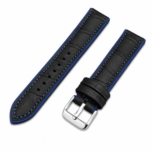 Leather & Rubber Hybrid Watch Replacement Band Compatible with Omega x Swatch MoonSwatch 20mm, Black/Blue