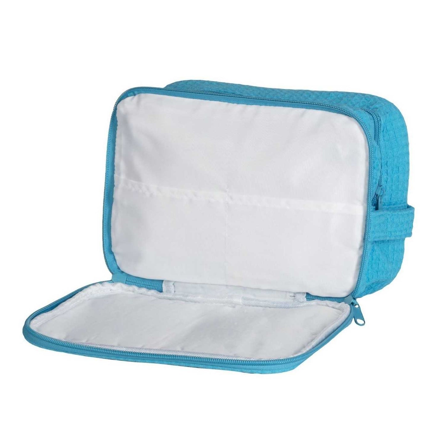 Elegani Waffle Weave Large Cosmetic Bag – 9.75" x 4" x 7" Travel Makeup Organizer with Dual Zippered Compartments, 3 Interior Pockets, Water-Repellent Lining-Aqua Blue