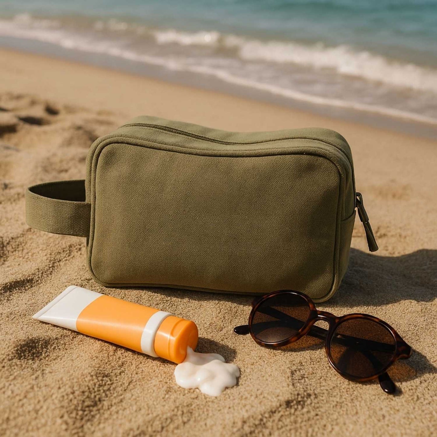 Elegani Canvas Toiletry Bag – 9" x 6" Travel Dopp Kit, 3L Capacity, Dual Zippered Compartments, Inner Pocket, Self-Fabric Handle-Olive Green