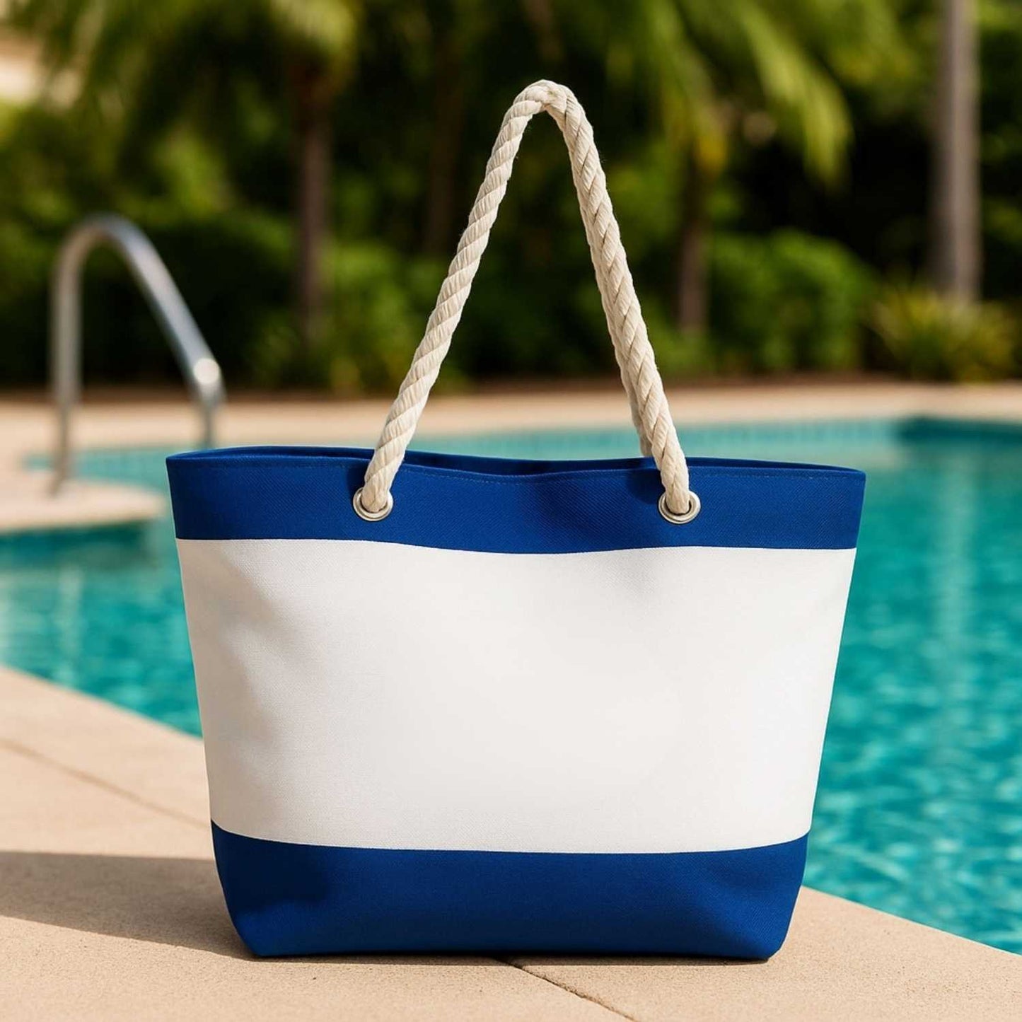 Elegani Nautical Beach Bag – 21" x 16" x 6" Canvas Tote with Cotton Rope Handles, Top Zipper Closure-Royal Blue