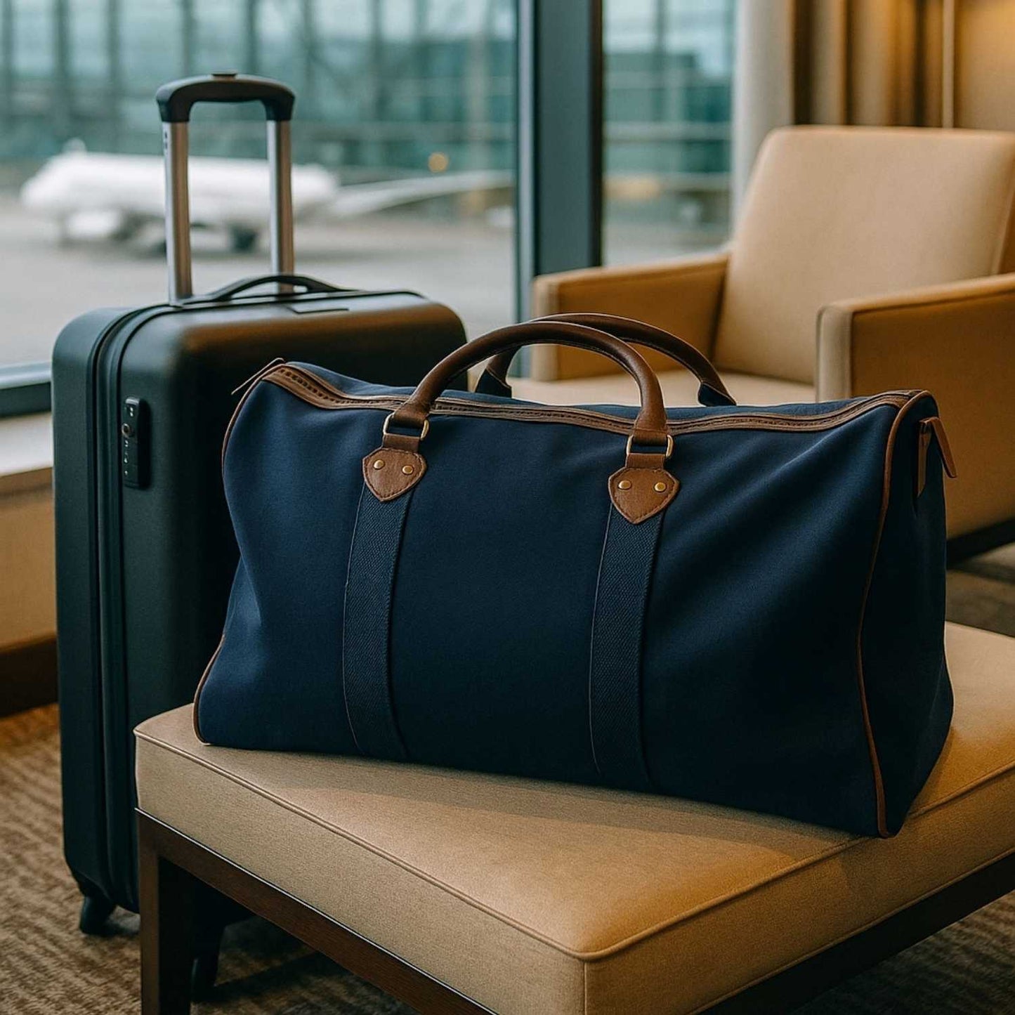 Elegani Touring Luxe Duffel Bag – 21.65" x 11.81" x 10.23", 42.9L Capacity, Eco-Friendly Recycled Canvas with Leatherette Accents-Navy