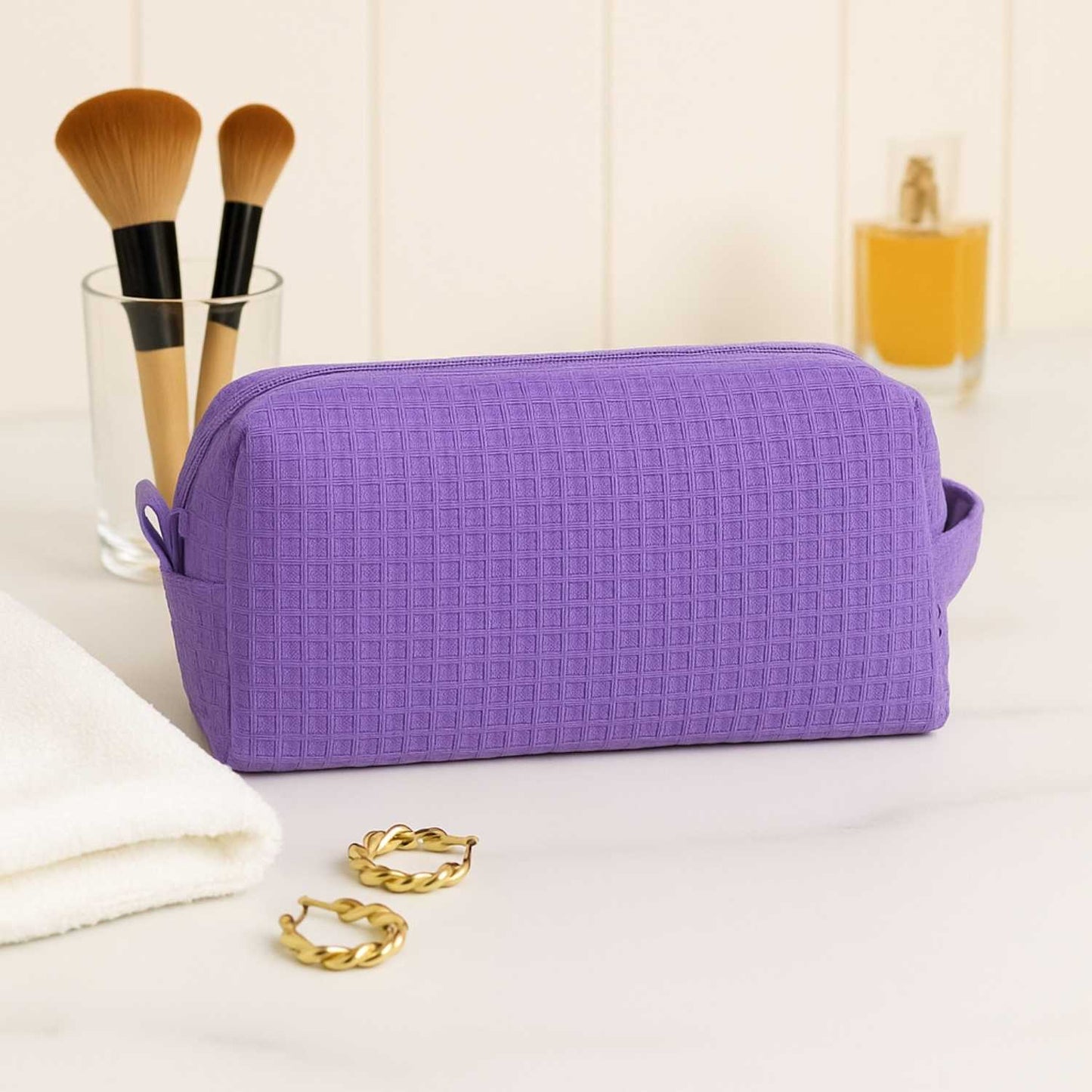 Elegani Waffle Weave Cosmetic Bag – 8" x 3.5" x 3.25" Travel Makeup Organizer with Zippered Compartment, Water-Repellent Lining-Lavender