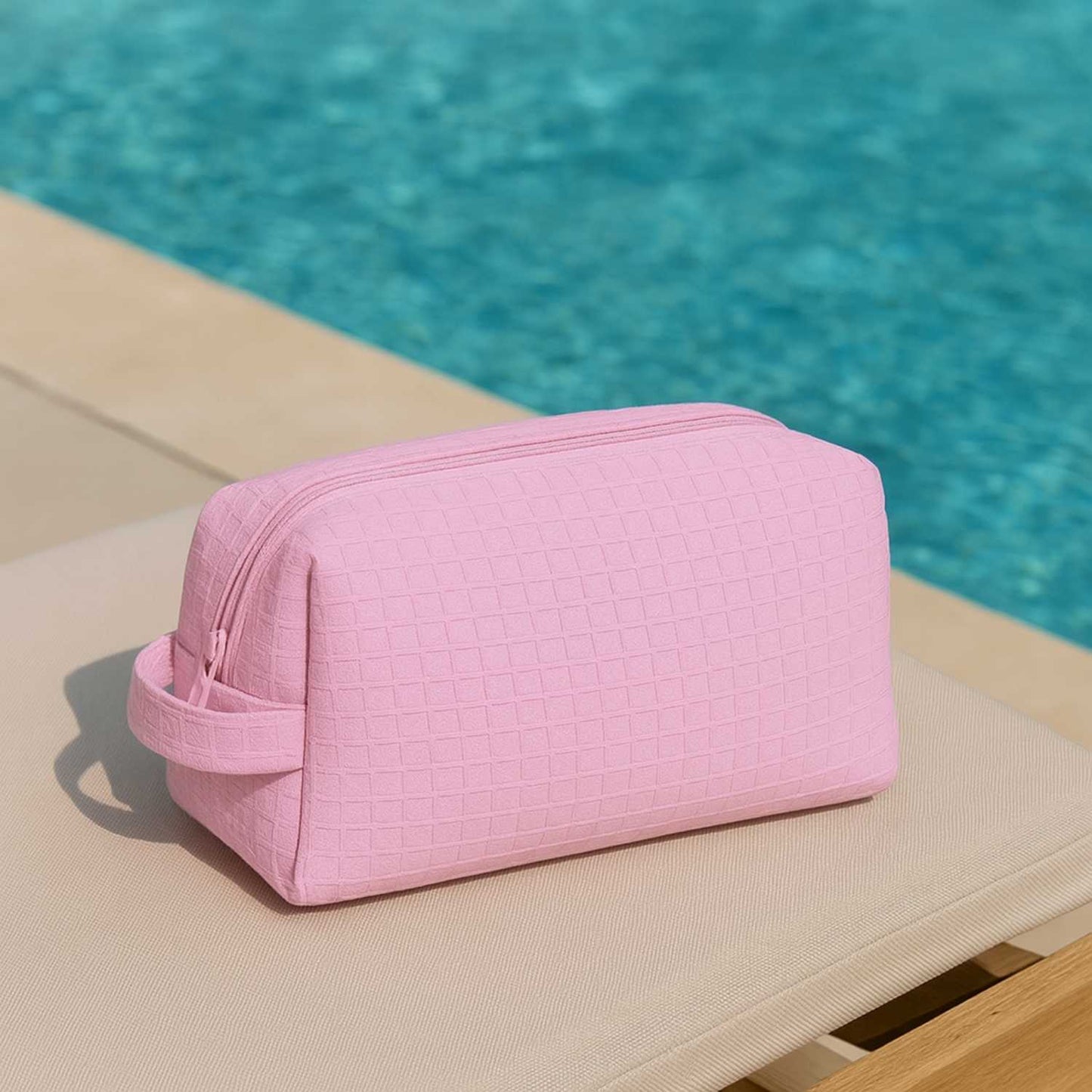 Elegani Waffle Weave Cosmetic Bag – 8" x 3.5" x 3.25" Travel Makeup Organizer with Zippered Compartment, Water-Repellent Lining-Light Pink