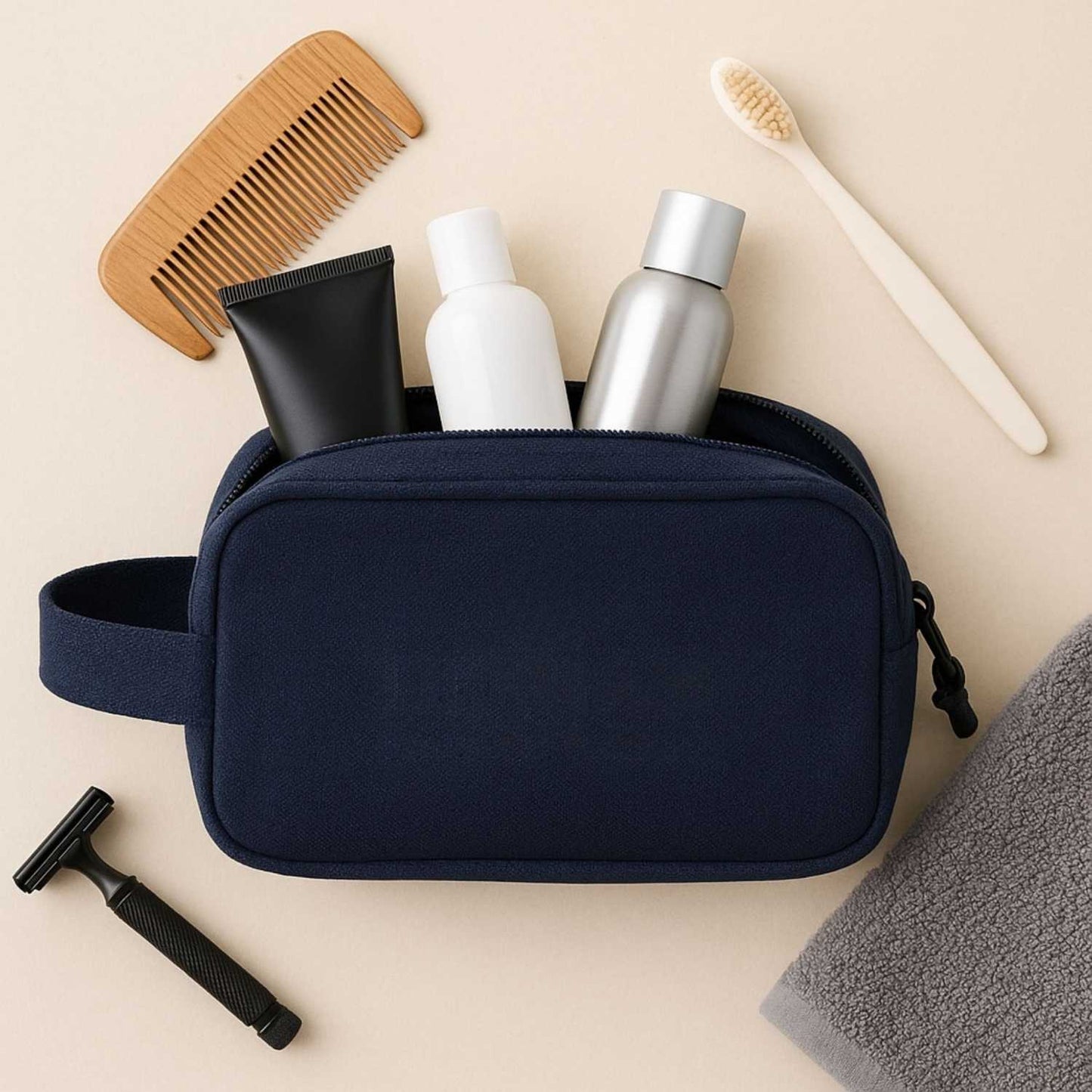 Elegani Canvas Toiletry Bag – 9" x 6" Travel Dopp Kit, 3L Capacity, Dual Zippered Compartments, Inner Pocket, Self-Fabric Handle-Navy