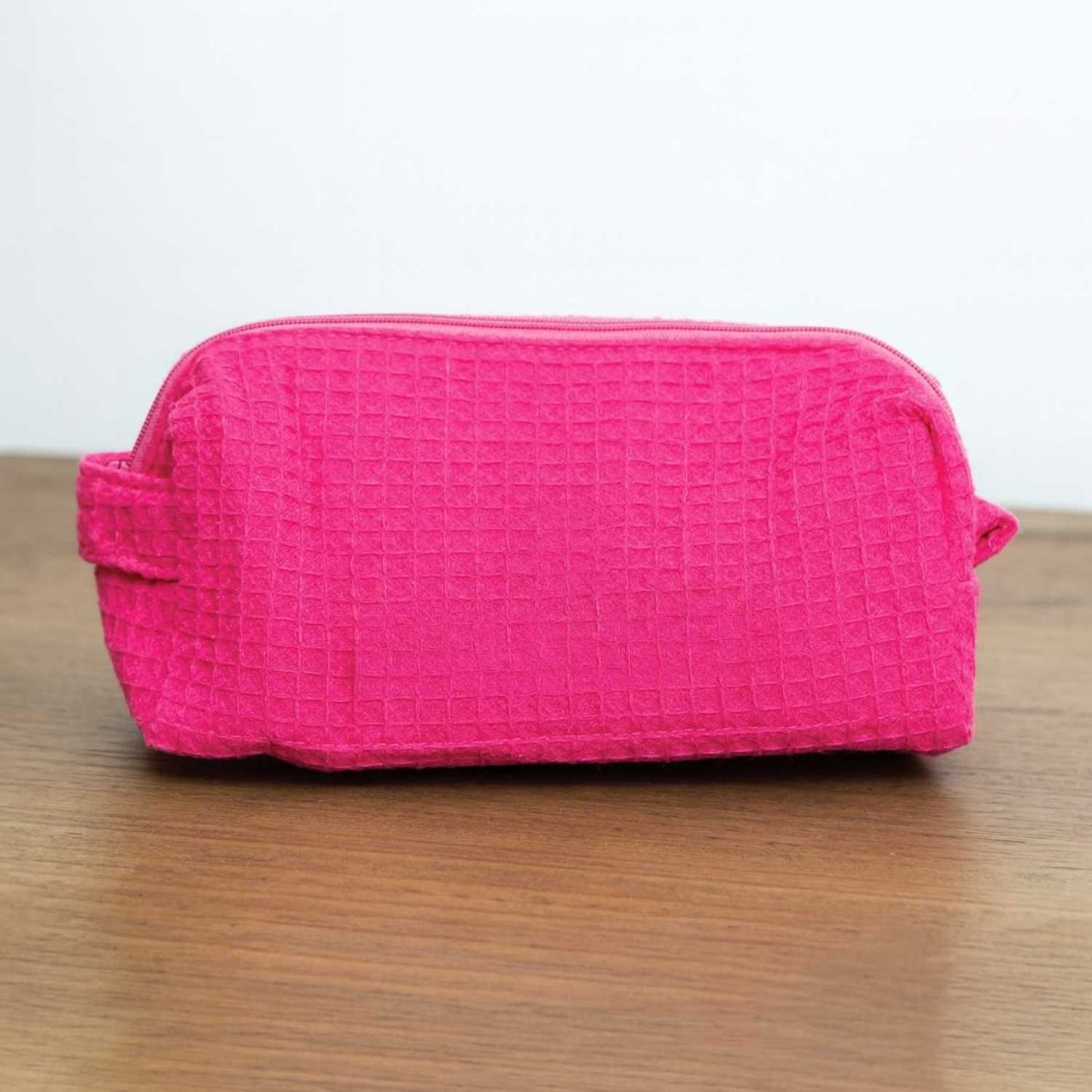 Elegani Waffle Weave Cosmetic Bag – 8" x 3.5" x 3.25" Travel Makeup Organizer with Zippered Compartment, Water-Repellent Lining-Hot Pink