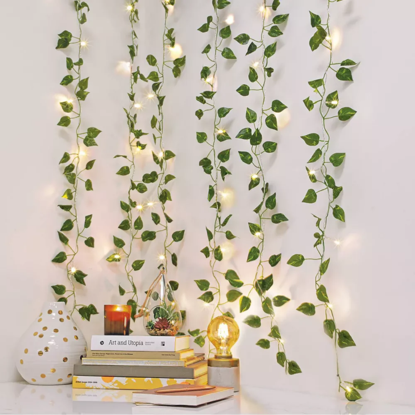 Elegani 66 LED Ivy Leaf Curtain Lights – 3.3ft x 5.2ft, 6 Strands, Warm White, Indoor Hanging Vine Decor for Bedroom Wall, Door, Ceiling