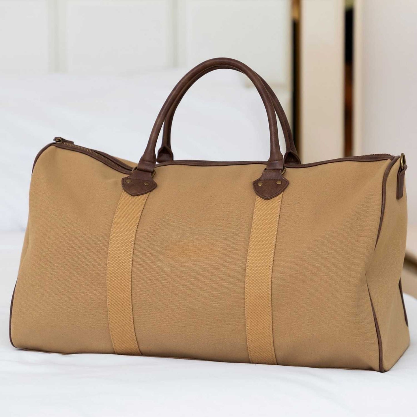 Elegani Touring Luxe Duffel Bag – 21.65" x 11.81" x 10.23", 42.9L Capacity, Eco-Friendly Recycled Canvas with Leatherette Accents-Tan
