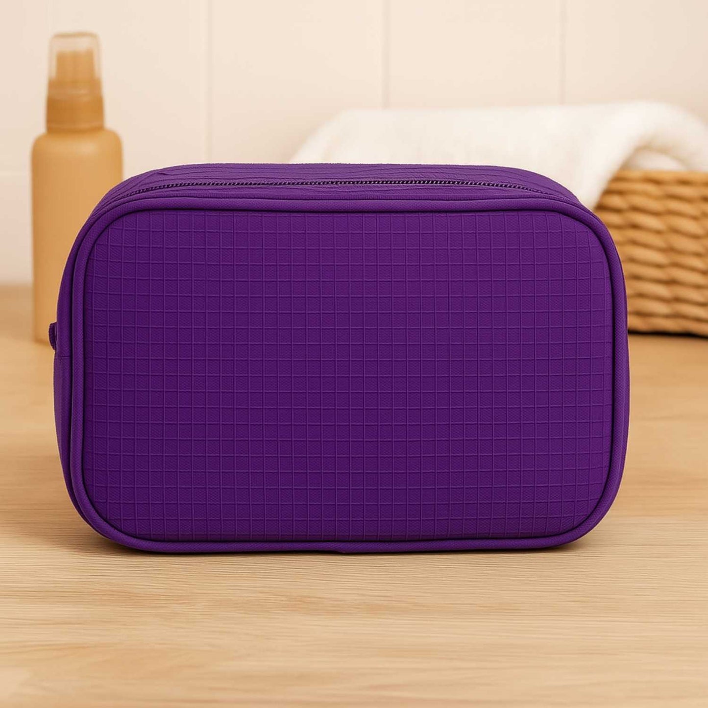 Elegani Waffle Weave Large Cosmetic Bag – 9.75" x 4" x 7" Travel Makeup Organizer with Dual Zippered Compartments, 3 Interior Pockets, Water-Repellent Lining-Purple