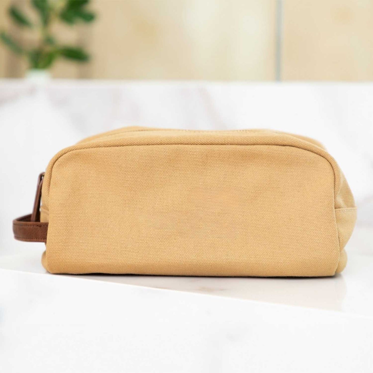 Elegani Touring Luxe Toiletry Bag – 9.84" x 4.72" x 5.90", Eco-Friendly Recycled Canvas with PU Accents-Tan
