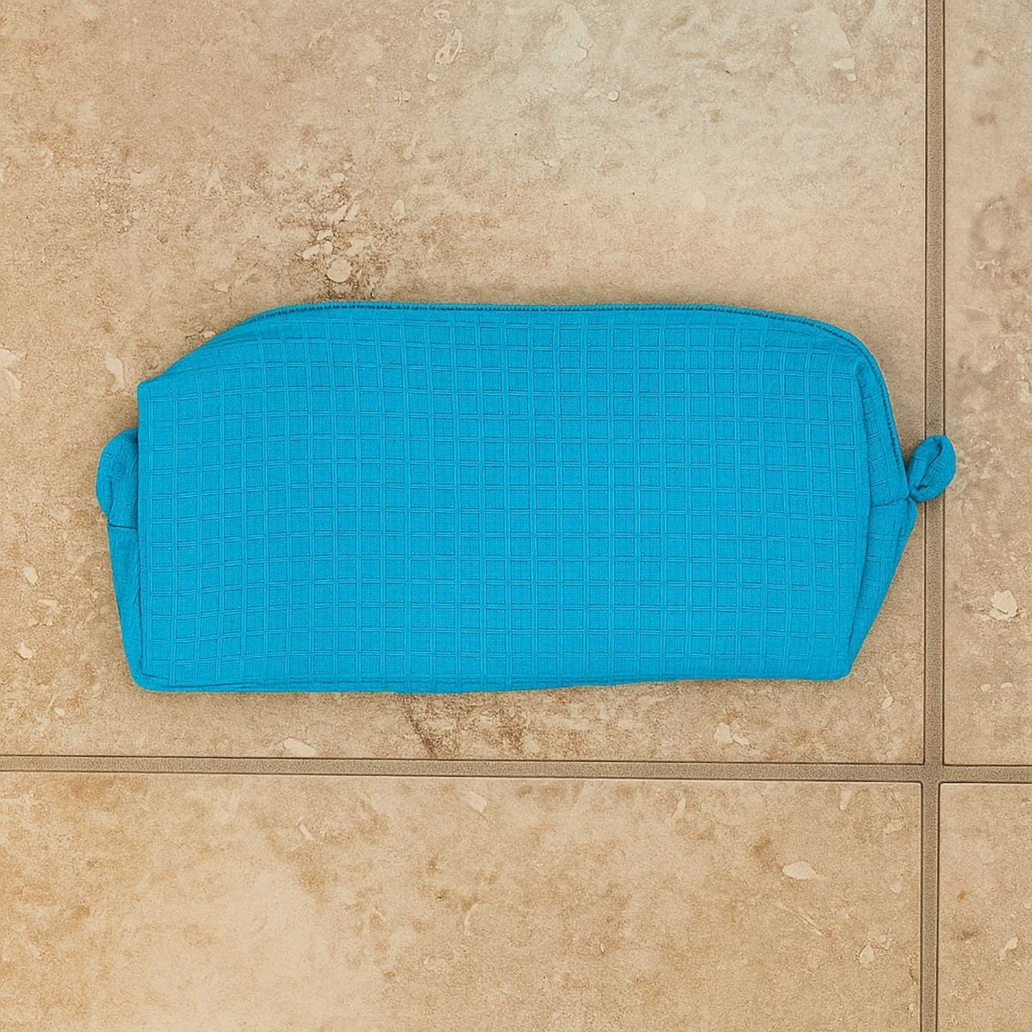 Elegani Waffle Weave Cosmetic Bag – 8" x 3.5" x 3.25" Travel Makeup Organizer with Zippered Compartment, Water-Repellent Lining-Aqua Blue