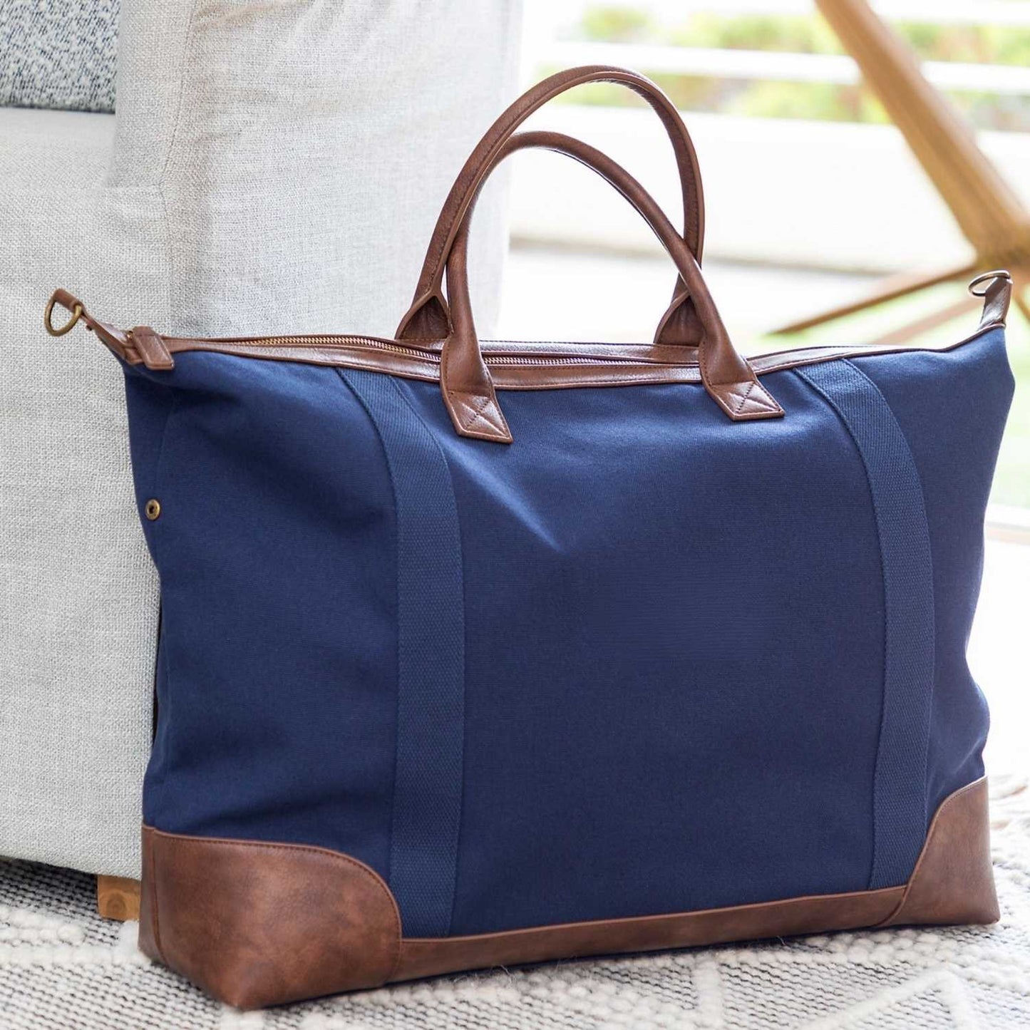 Elegani Touring Luxe Weekender Bag – 21.65" x 12.59", Eco-Friendly Recycled Canvas with Leatherette Accents, Spacious Travel Duffel-Navy