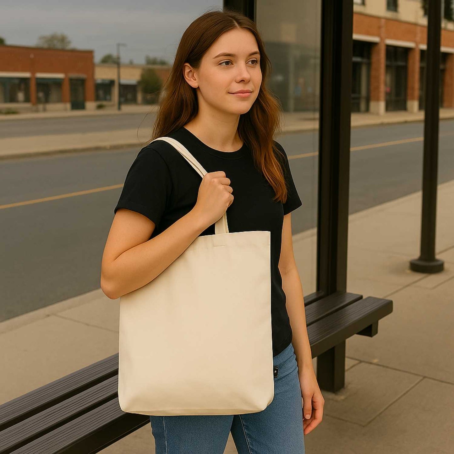 Elegani Deluxe Canvas Tote Bag with Striped Handles – 15" x 16" Eco-Friendly Recycled Cotton & Polyester-Natural