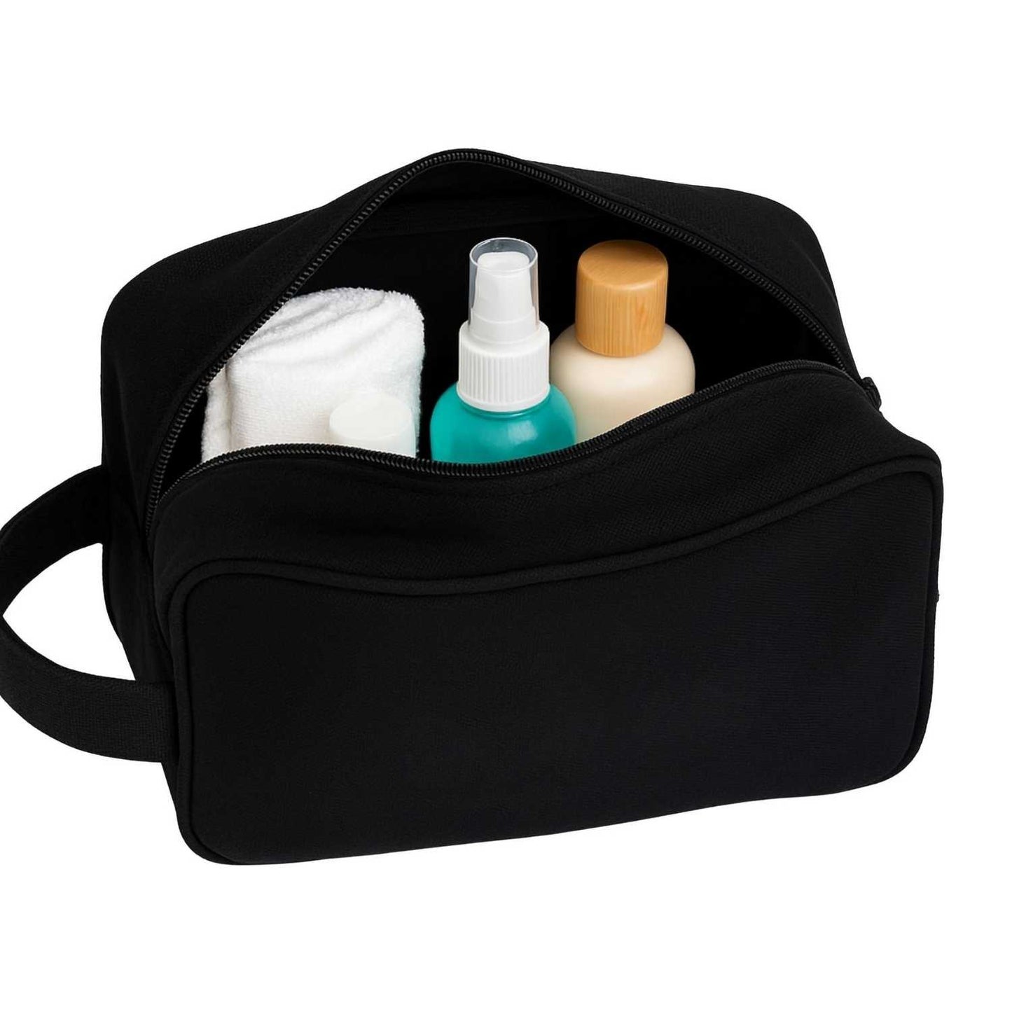 Elegani Canvas Toiletry Bag – 9" x 6" Travel Dopp Kit, 3L Capacity, Dual Zippered Compartments, Inner Pocket, Self-Fabric Handle-Black