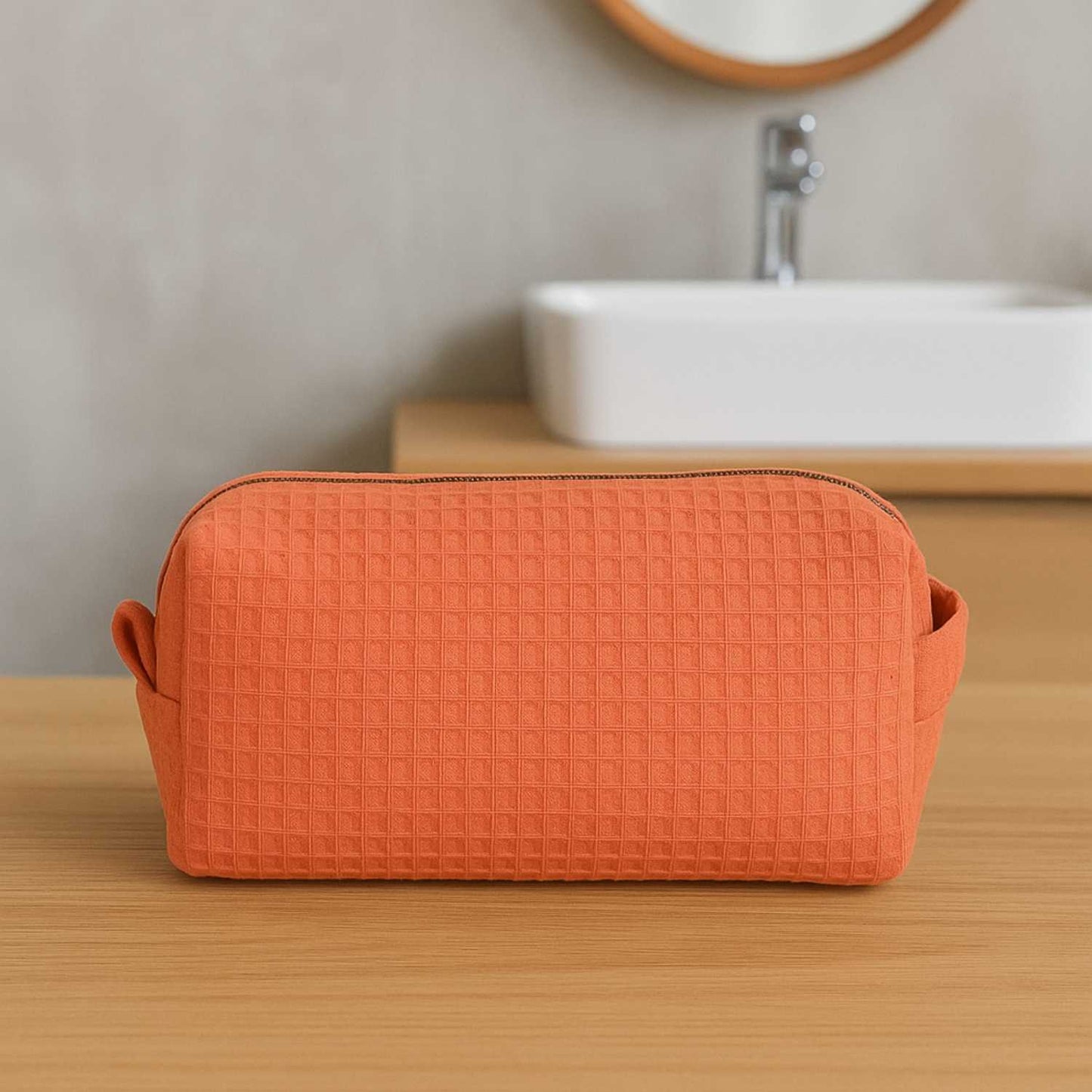 Elegani Waffle Weave Cosmetic Bag – 8" x 3.5" x 3.25" Travel Makeup Organizer with Zippered Compartment, Water-Repellent Lining-Coral