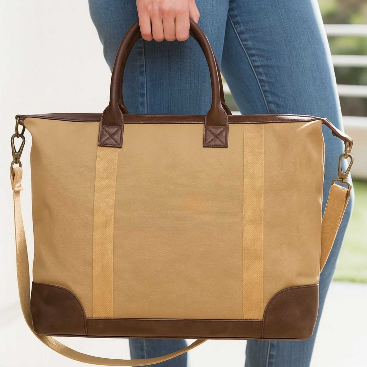 Elegani Touring Luxe Weekender Bag – 21.65" x 12.59", Eco-Friendly Recycled Canvas with Leatherette Accents, Spacious Travel Duffel-Tan