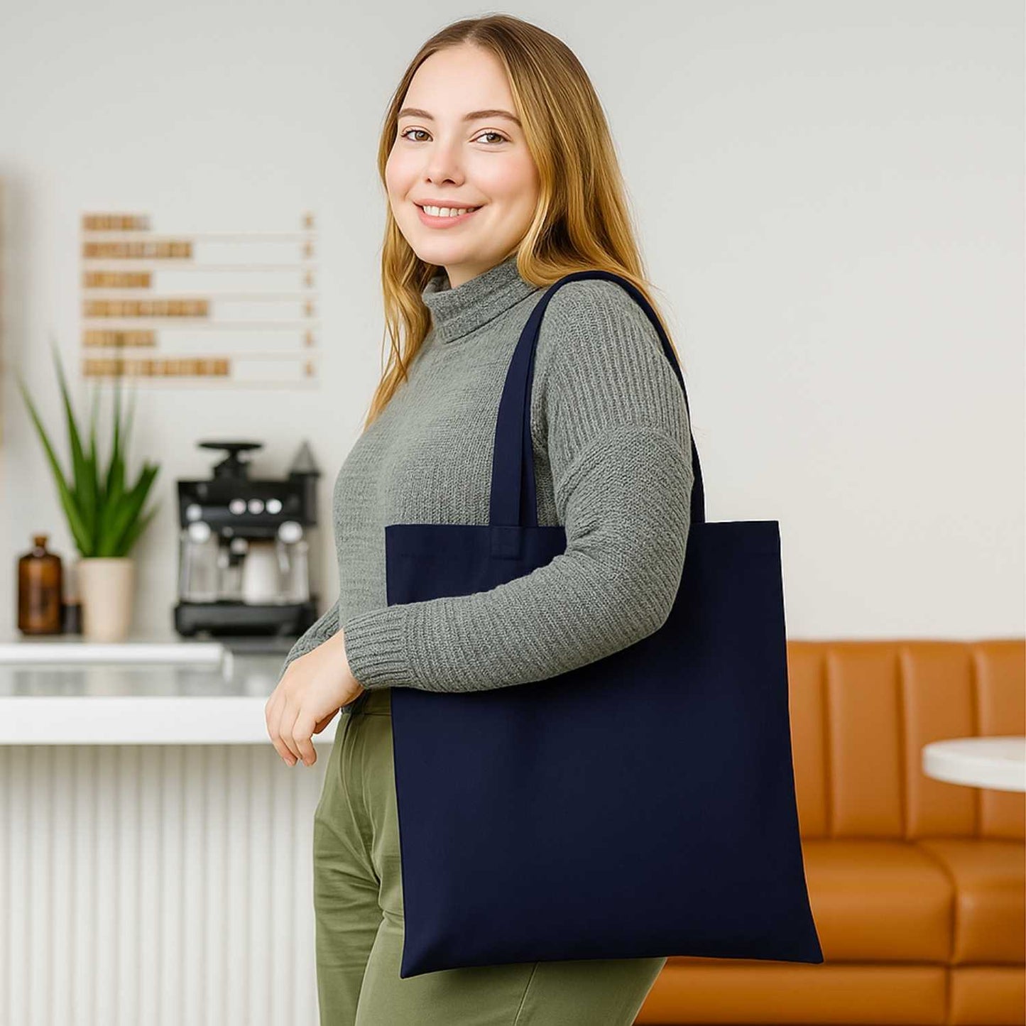Elegani Classic Terry Tote Bag – 14.5" x 15.75" 100% Polyester with Terry Front & Cotton Backing, 24" Handles-Navy