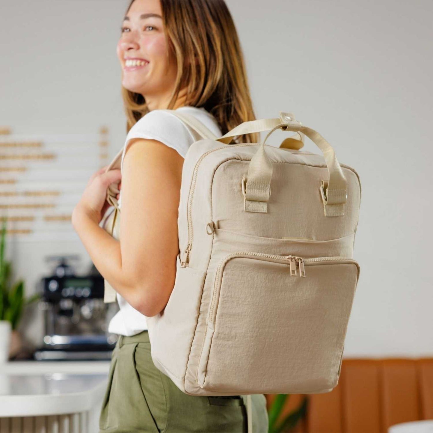 Elegani Essential Tote Backpack – 11.41" x 15.35" x 5.11" Eco-Friendly Recycled Waterproof Nylon, 14.7L Capacity, Fits 15" Laptop, Multiple Compartments-Beige