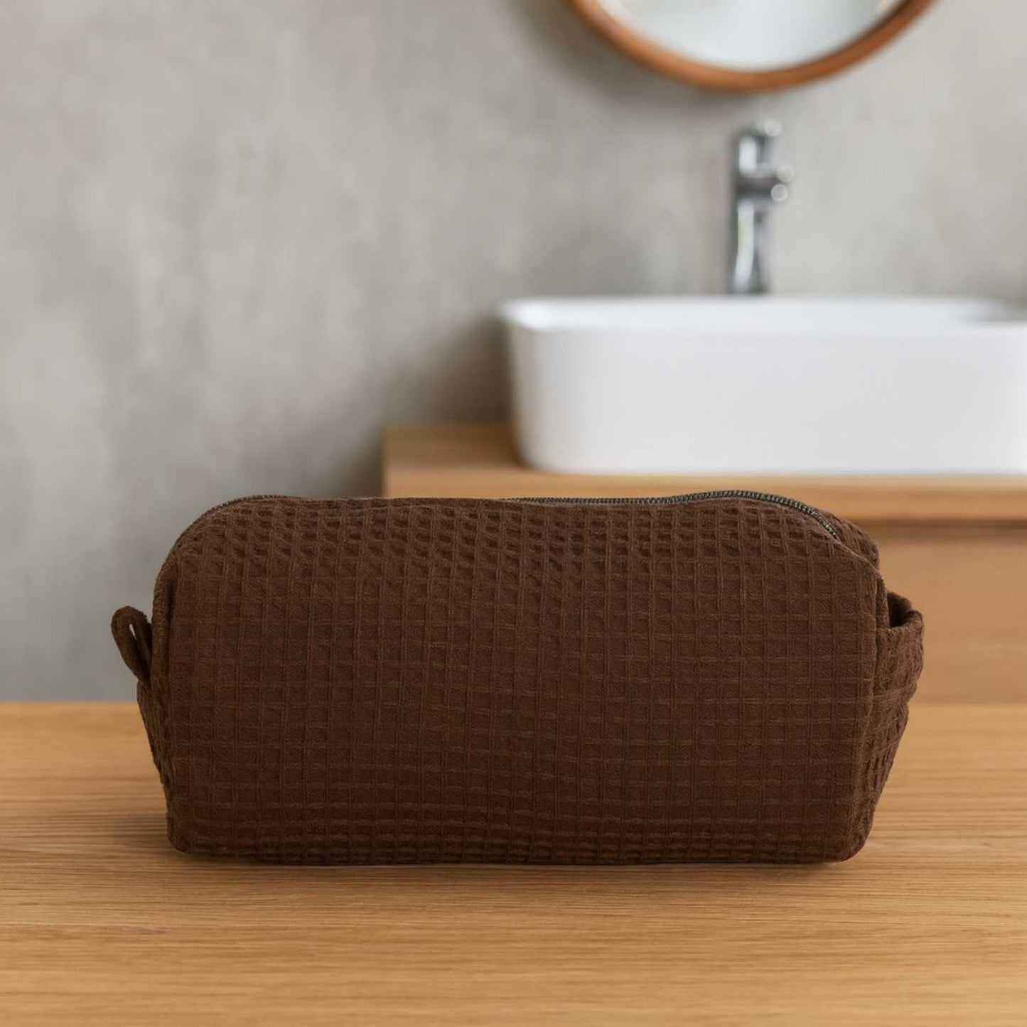 Elegani Waffle Weave Cosmetic Bag – 8" x 3.5" x 3.25" Travel Makeup Organizer with Zippered Compartment, Water-Repellent Lining-Chocolate