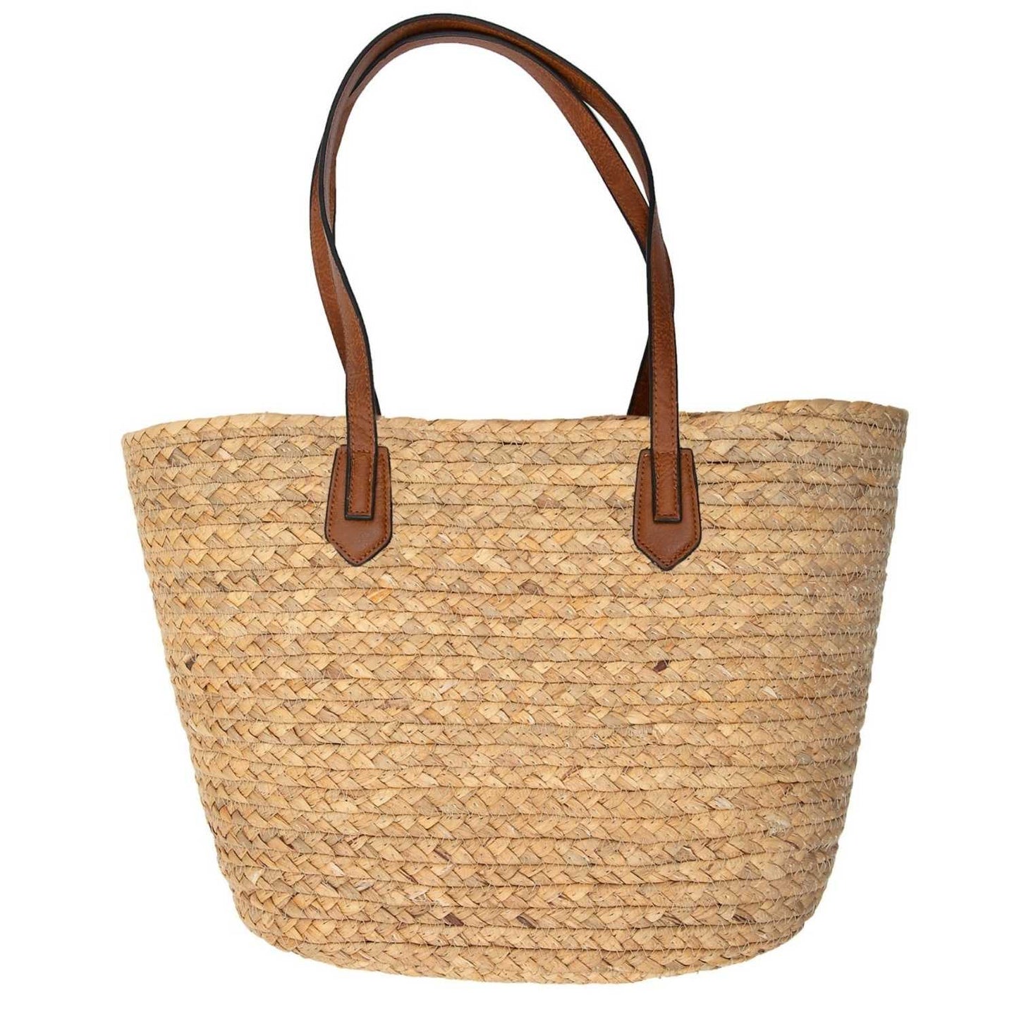 Elegani Sunset Straw Bag – 20" x 11.75" x 6" Hand-Woven Natural Grass Tote with Faux Leather Accents, Zipper Closure