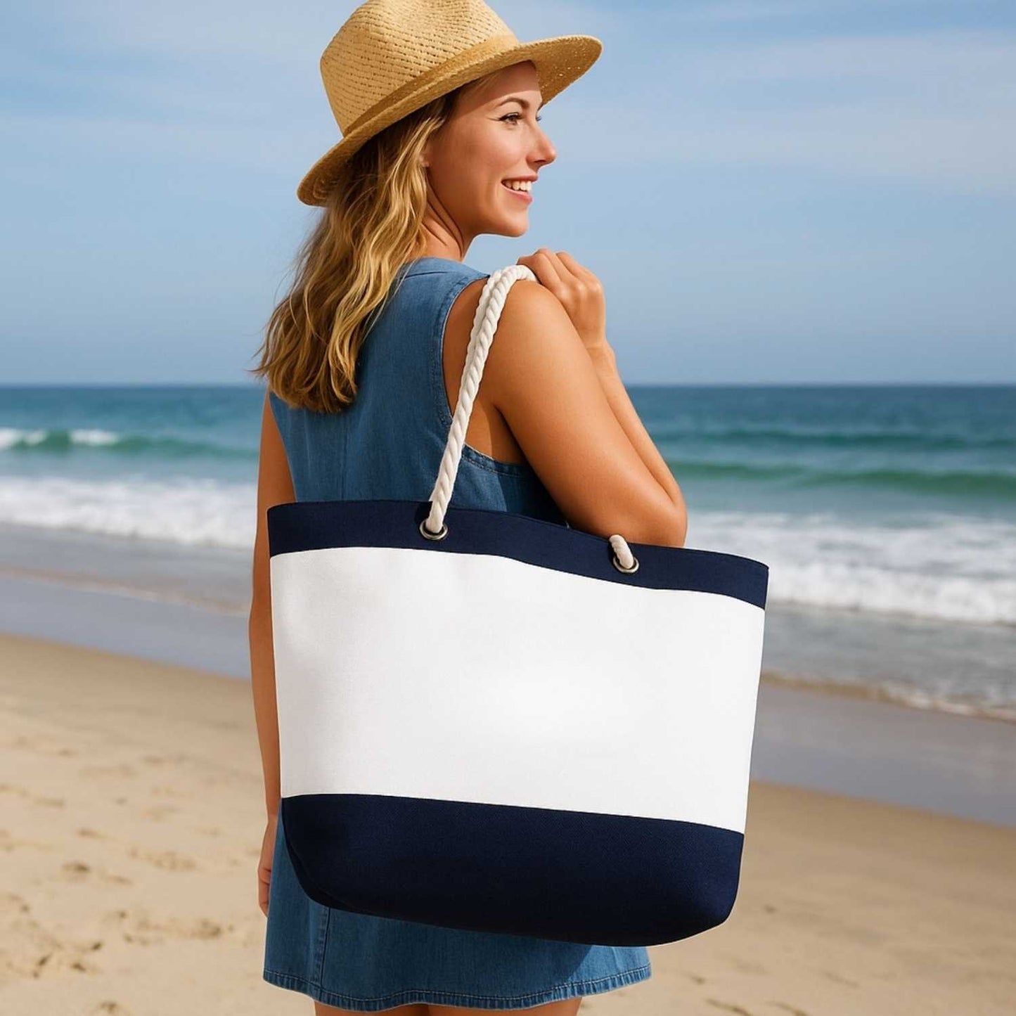 Elegani Nautical Beach Bag – 21" x 16" x 6" Canvas Tote with Cotton Rope Handles, Top Zipper Closure-Navy