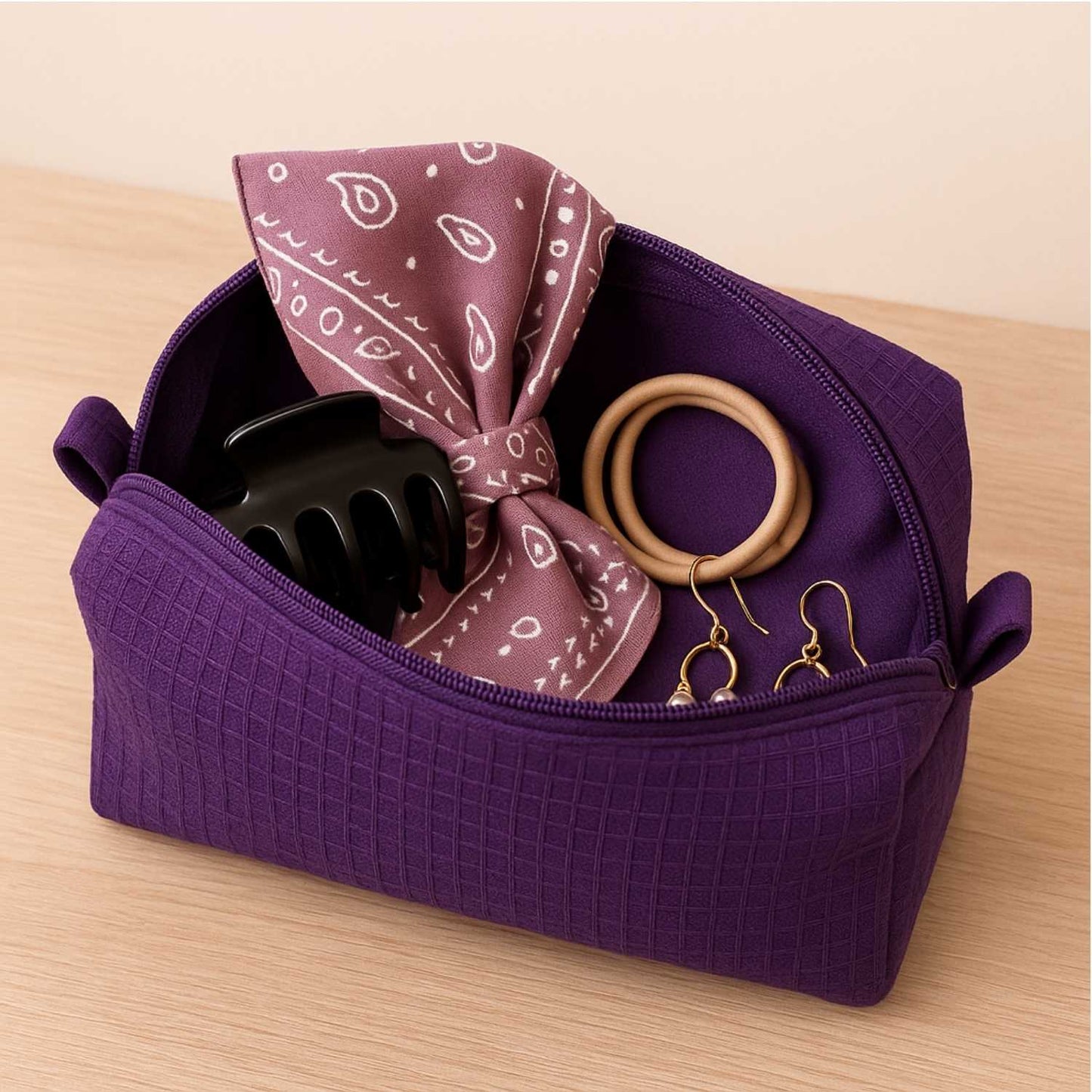 Elegani Waffle Weave Cosmetic Bag – 8" x 3.5" x 3.25" Travel Makeup Organizer with Zippered Compartment, Water-Repellent Lining-Purple