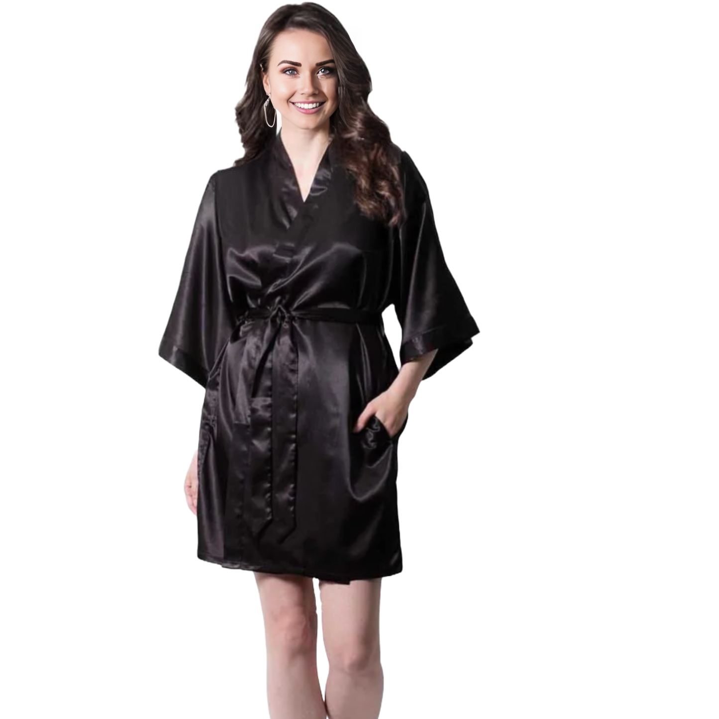 Elegani Bridal Satin Kimono Short Robe for Women - Soft, Stylish, and Comfortable, Black